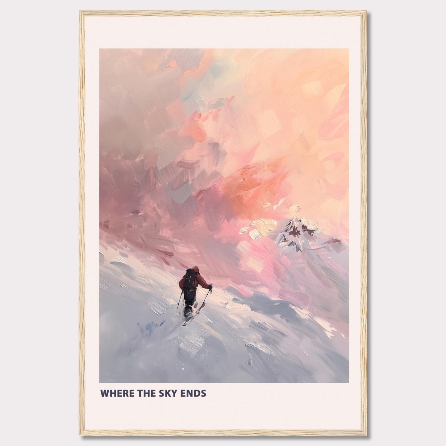 This captivating artwork titled "Where the Sky Ends" portrays a lone adventurer trekking through a snow-covered landscape towards a breathtaking, colorful sky. The painting captures a sense of solitude and determination against a backdrop of majestic, pastel-hued clouds.