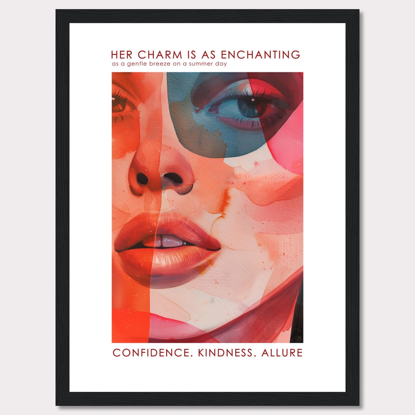 This captivating artwork features a vibrant and abstract portrait of a woman's face, blending warm and cool tones seamlessly. The text at the top reads, "HER CHARM IS AS ENCHANTING as a gentle breeze on a summer day," and at the bottom, it emphasizes "CONFIDENCE. KINDNESS. ALLURE." The image evokes a sense of elegance, mystery, and strength.