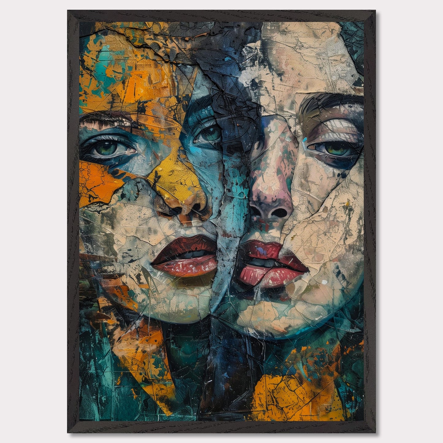 This captivating artwork features two intertwined, abstract faces with a rich blend of colors and textures. The painting exudes a sense of mystery and depth, drawing the viewer into its intricate details.