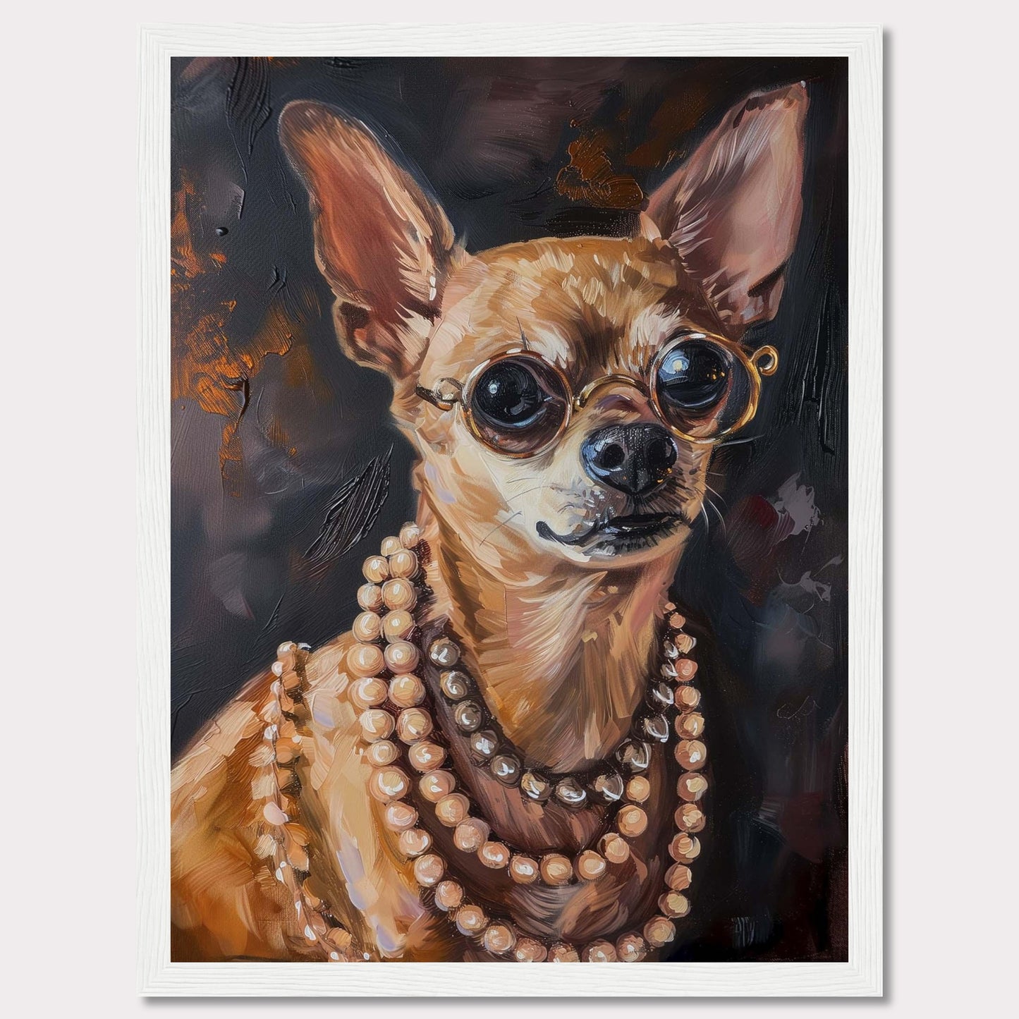 This captivating artwork features a stylish Chihuahua wearing round glasses and multiple strands of pearls. The painting exudes elegance and charm, making it a perfect statement piece for any room.