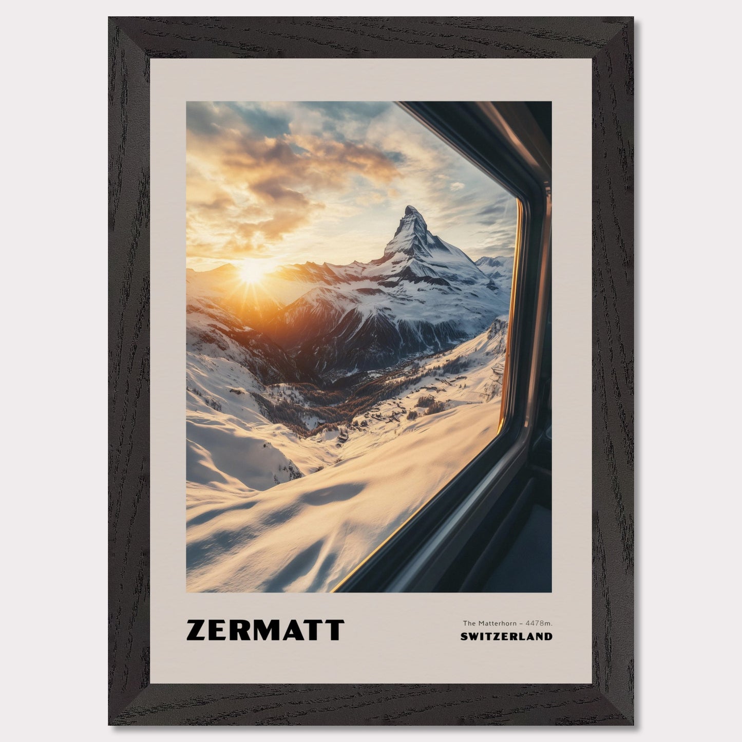 A stunning view of the Matterhorn bathed in golden sunset hues. Towering at 4478 meters, this legendary mountain has always drawn adventurers and travelers. The warm colors of the sunset create an extraordinary atmosphere, while the snow-covered slopes emphasize the purity and majesty of nature.