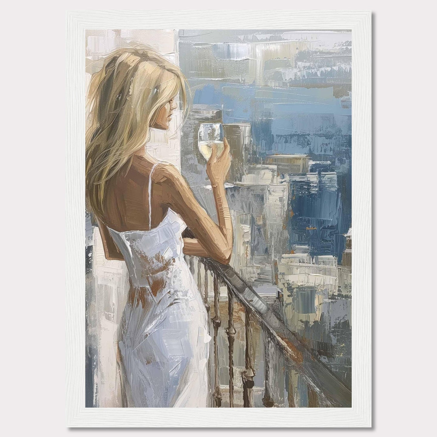 This painting depicts a serene moment where a woman, dressed in a white dress, stands on a balcony holding a glass of wine. The background features an impressionistic cityscape with various shades of blue and gray.