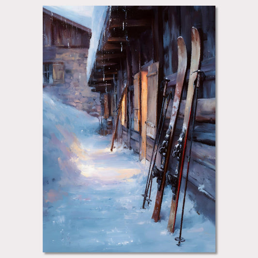 Poster titled 'Skis by the Barn, Evening Descent' from ArtDarts
