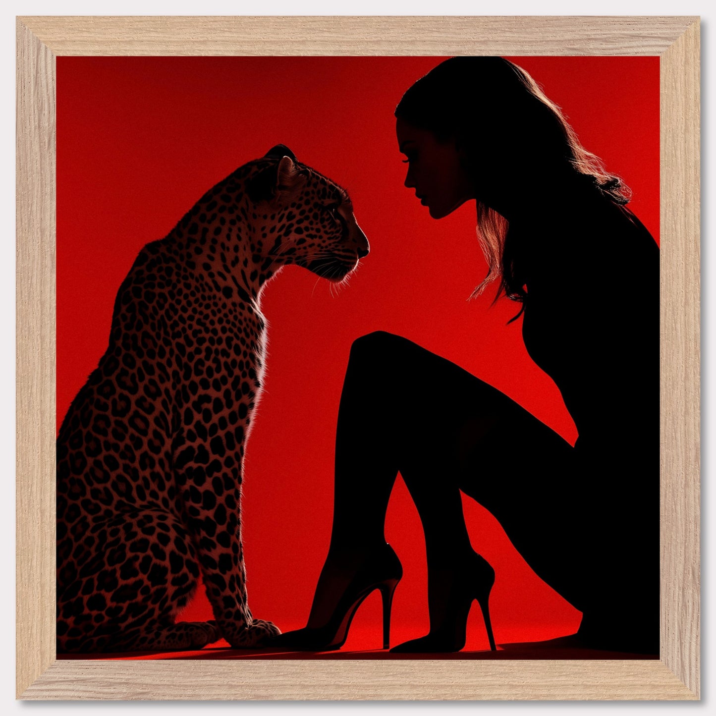 This illustration depicts a silhouette of a woman and a leopard against a vibrant red background. The woman is wearing high heels and is in a kneeling position, facing the leopard. The scene creates a dramatic and intense atmosphere through the use of contrasting colors and shadow play.