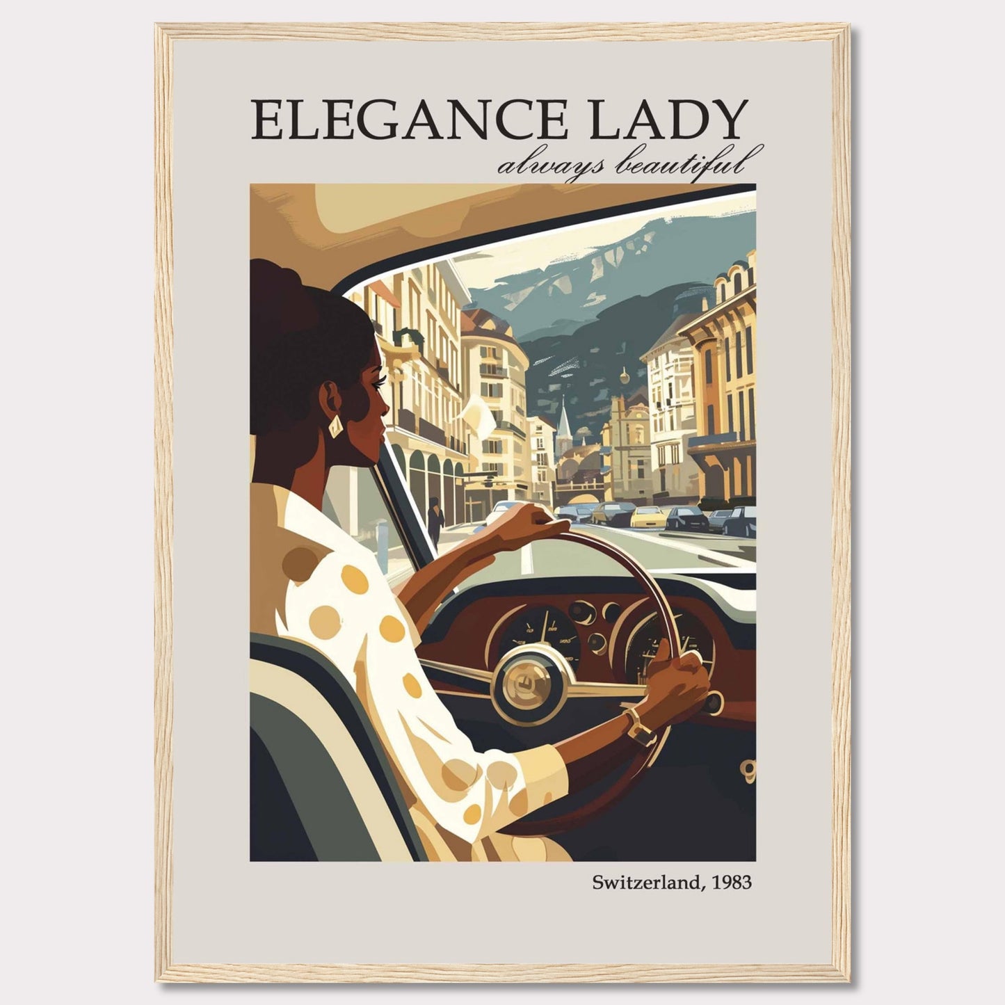 This image depicts a stylish woman driving through a picturesque European city, exuding elegance and confidence.