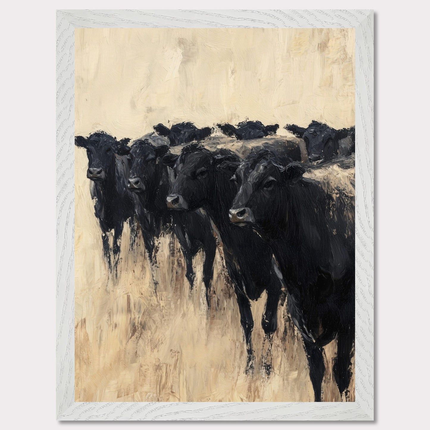 This captivating painting depicts a group of black cows standing together, evoking a sense of unity and strength. The textured brushstrokes and neutral background create a striking contrast, highlighting the animals' dark forms.