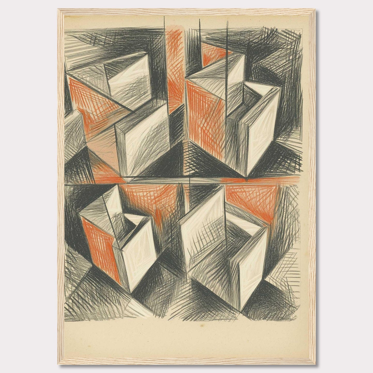 This artwork features an abstract geometric composition with intersecting shapes and lines. The use of black and orange tones creates a dynamic and intriguing visual effect.