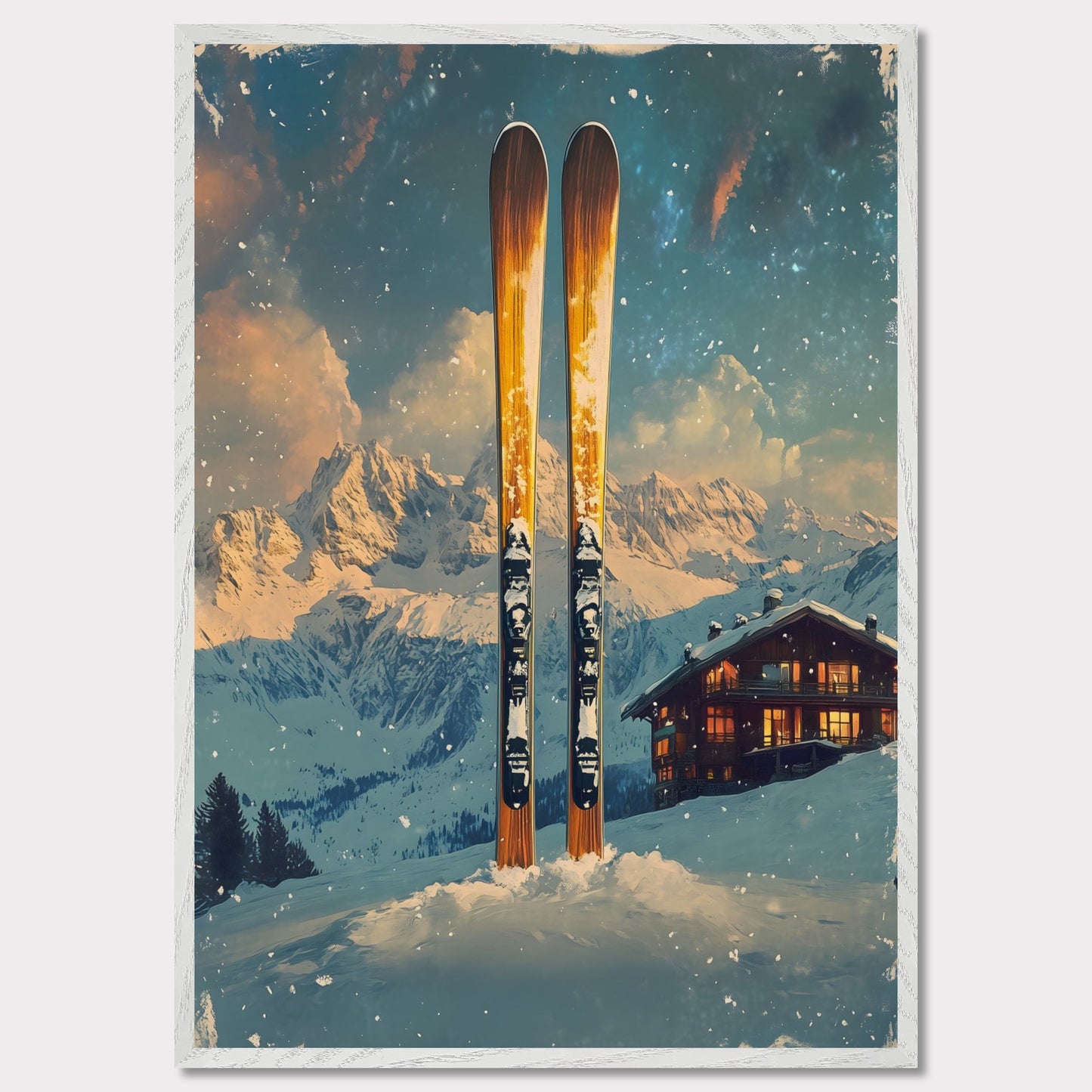 This enchanting poster portrays a serene winter scene with a skier gracefully gliding through untouched snow. The tranquil beauty of the snowy landscape, combined with the soft hues of a setting sun, creates an atmosphere of peace and connection with nature. The minimalistic style emphasizes simplicity and elegance.