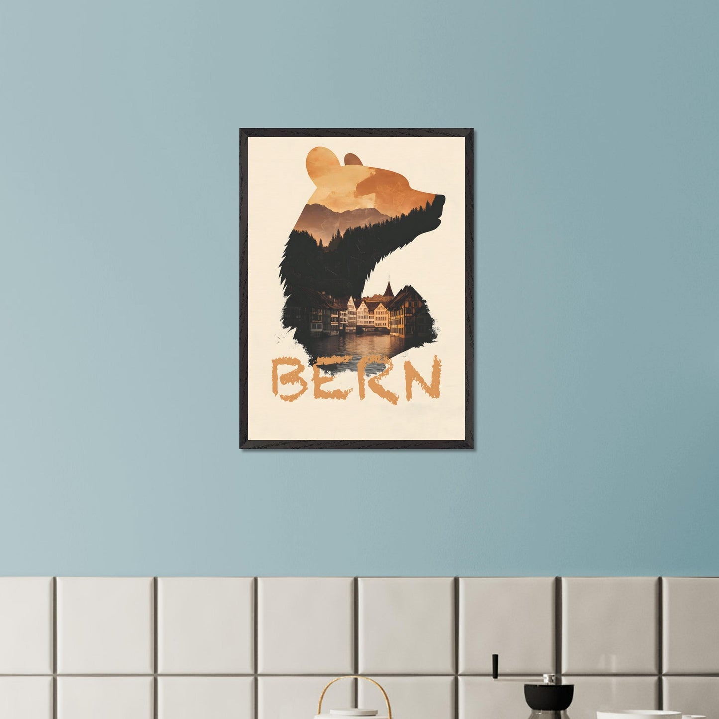 A captivating travel poster that merges Bern’s iconic bear symbol with the city’s historic charm. The silhouette of the bear contains a stunning landscape of alpine forests and traditional Swiss architecture, reflecting the city's rich heritage.