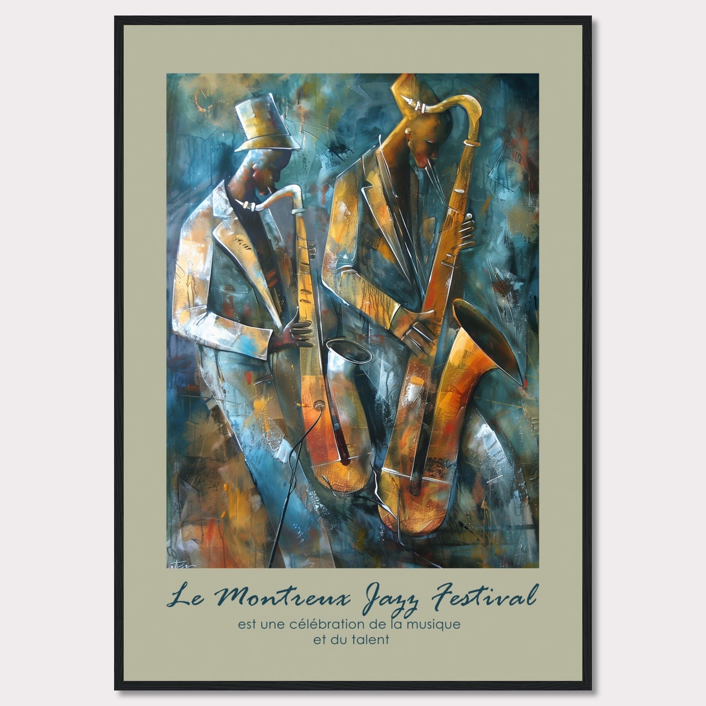 This vibrant artwork captures the essence of jazz with two musicians passionately playing their saxophones. The rich, abstract background adds depth and movement to the scene, emphasizing the dynamic nature of the music. The text at the bottom reads, "Le Montreux Jazz Festival est une célébration de la musique et du talent," highlighting the festival's celebration of music and talent.