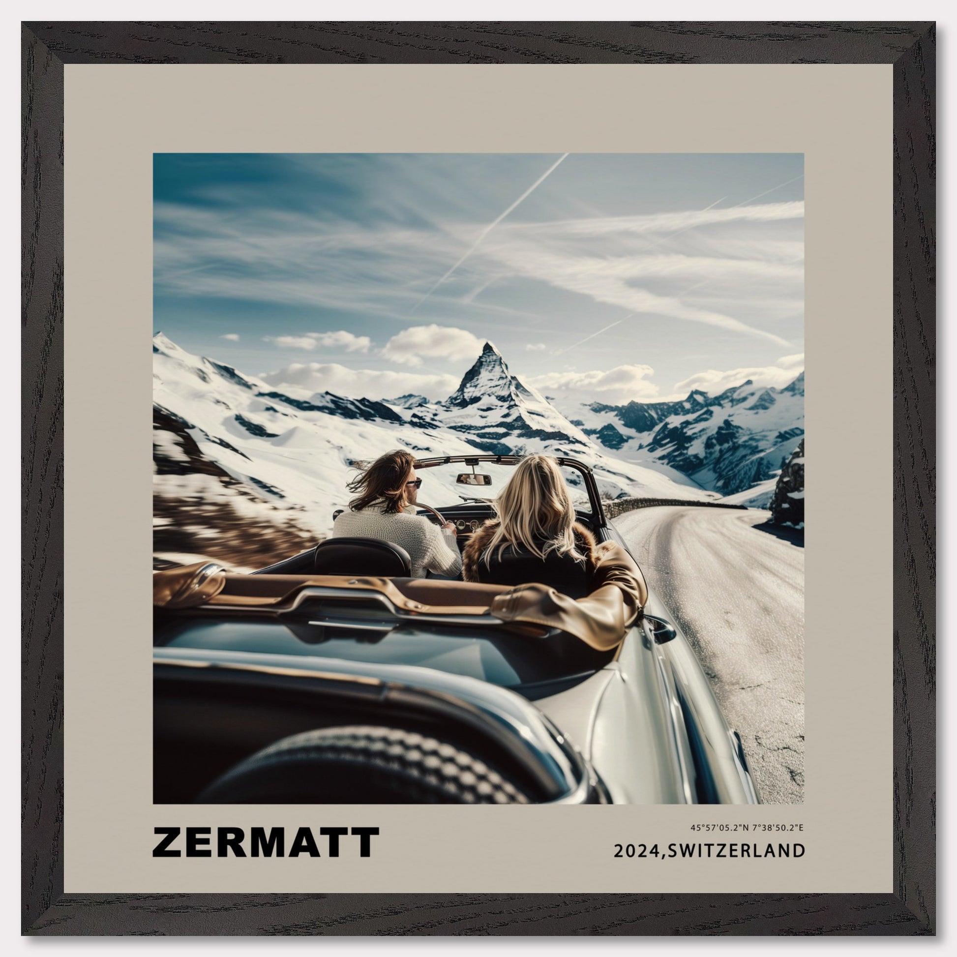 Experience the thrill of a scenic drive through the snowy mountains of Zermatt, Switzerland. This captivating image showcases two adventurers in a convertible, with the iconic Matterhorn standing majestically in the background.