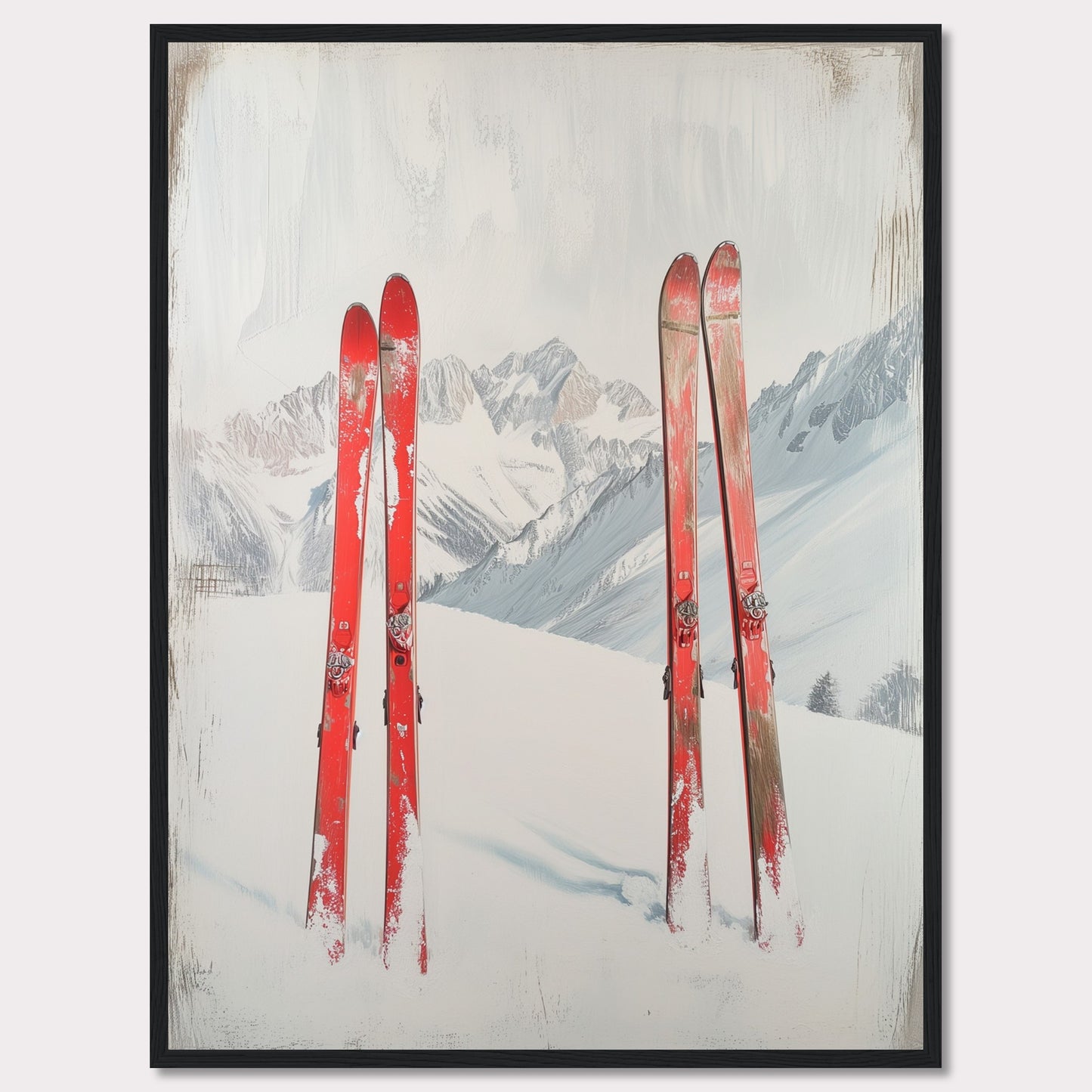 This captivating image showcases a serene winter scene with four red skis planted in the snow against a backdrop of majestic, snow-covered mountains. The skis stand out vibrantly against the white snow and the muted tones of the distant peaks. The overall composition evokes a sense of adventure and the thrill of skiing in the great outdoors.