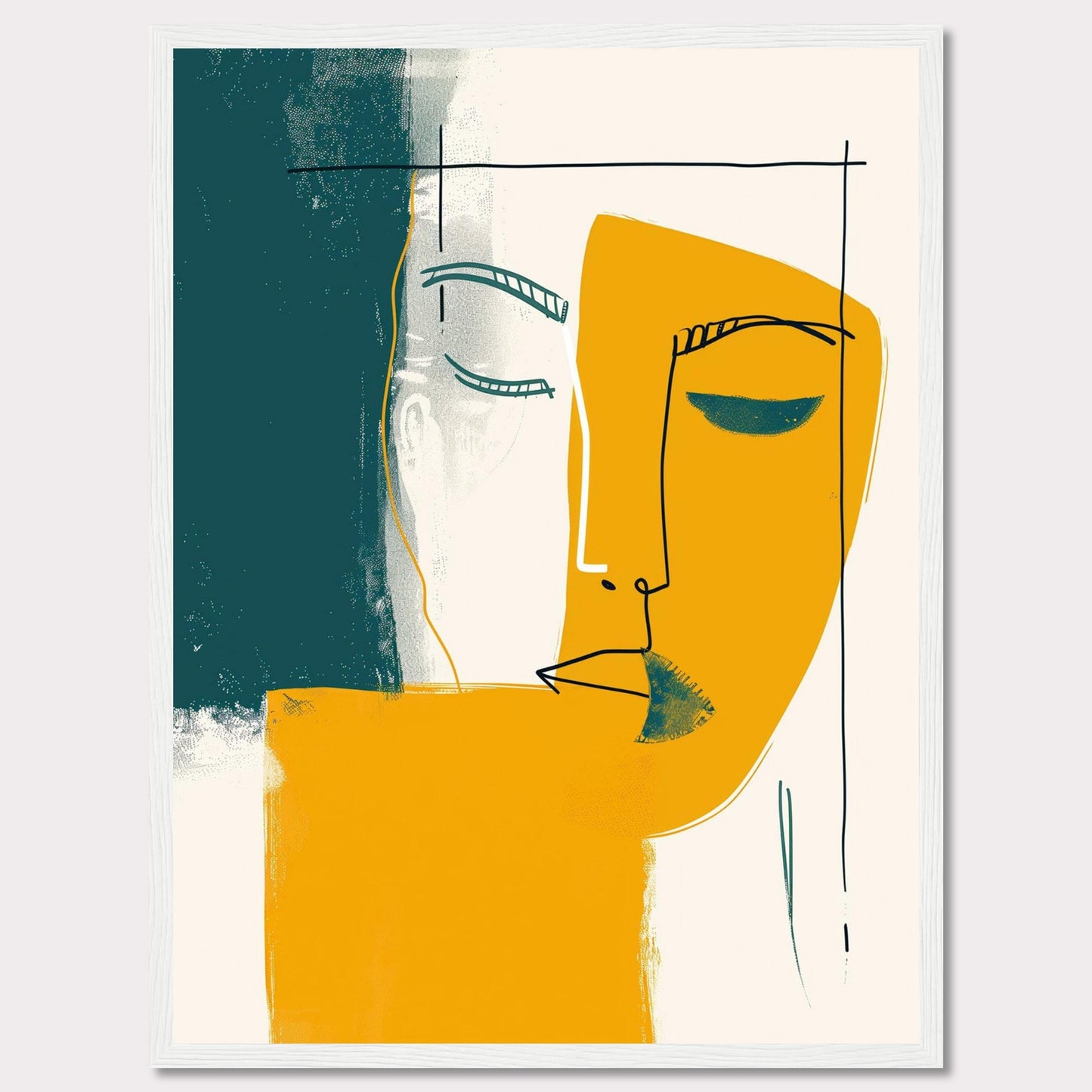 This captivating abstract art piece features a minimalist line drawing of a face, blending bold colors and simple shapes to create a striking visual impact. The artwork combines teal, mustard yellow, and white, with a black frame adding a touch of sophistication.