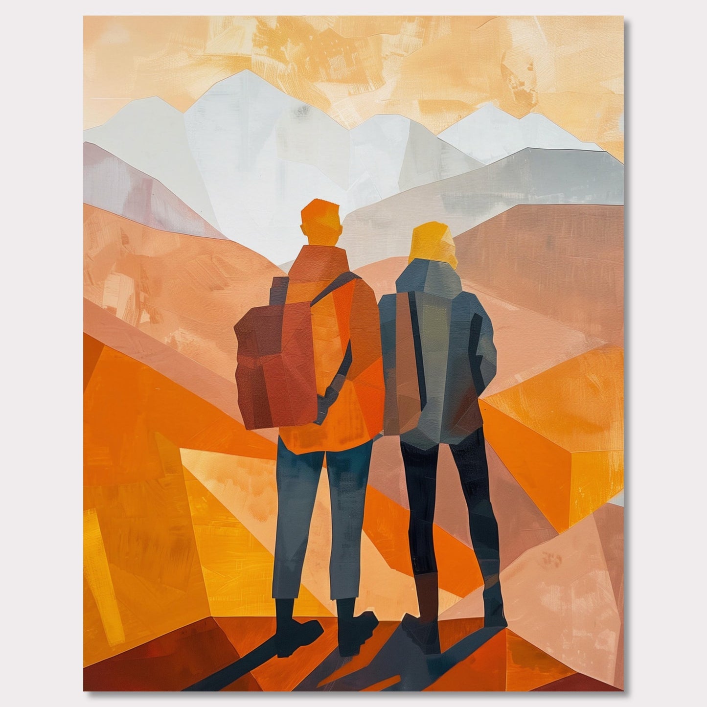 This illustration depicts two figures standing side by side, gazing at a mountainous landscape.