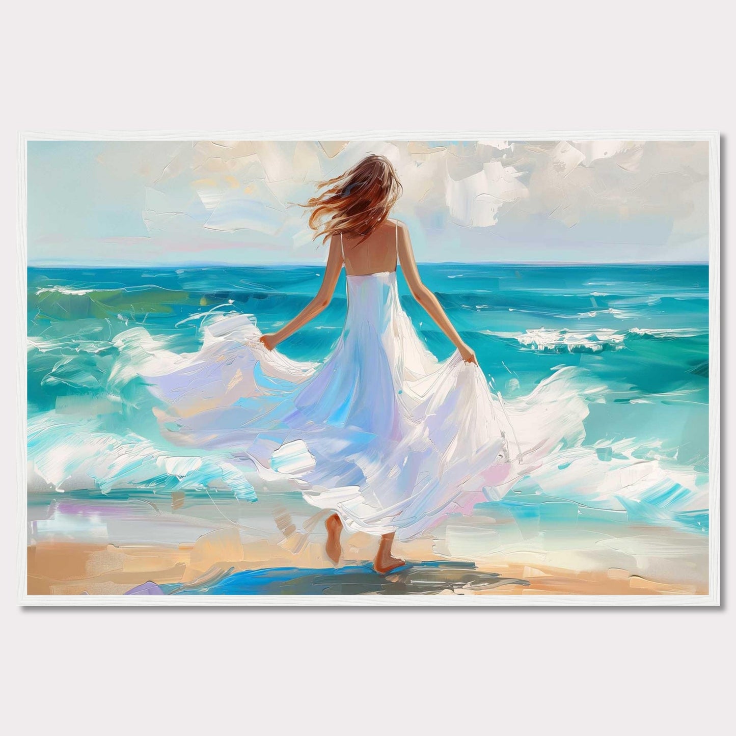 This stunning painting captures a serene moment of a woman in a flowing white dress standing at the edge of the ocean, with waves gently crashing onto the shore. The vibrant colors and dynamic brushstrokes bring this scene to life, evoking a sense of peace and freedom.