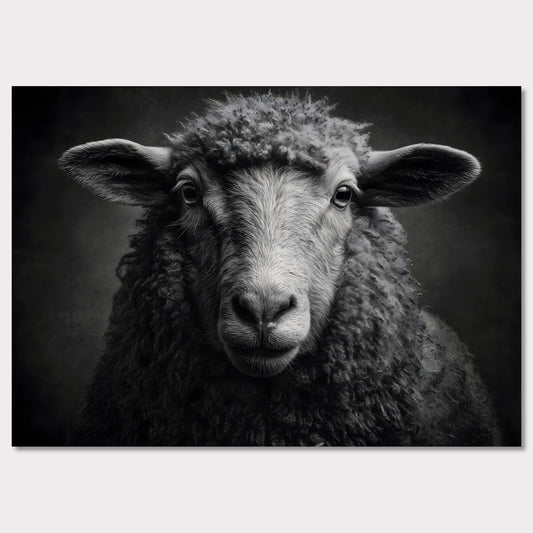 A direct gaze from a sheep captured in fine detail. The wool, the eyes, the texture — all stand out in monochrome. This portrait evokes warmth, calm, and quiet dignity, turning a simple animal into a presence that fills the frame.Key Elements:• Close-up black and white sheep portrait• High-resolution texture of wool and facial features• Emotional animal photography with rustic charm• Minimalist composition with soft contrasts• Farm animal artwork for natural interiorsIdeal Spaces for the Poster:• Country-st
