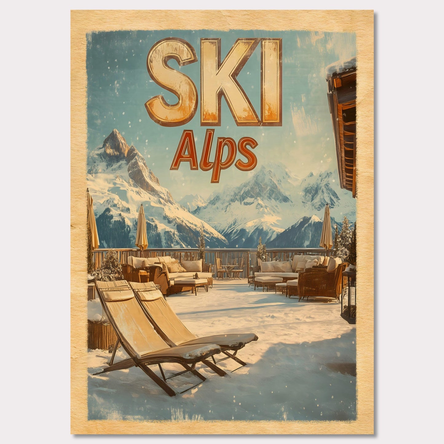 This captivating poster presents a luxurious alpine terrace overlooking majestic snowy peaks. The cozy lounge chairs, wooden railings, and soft golden light create an inviting winter escape. The serene atmosphere and breathtaking views evoke a sense of tranquility and connection to nature.