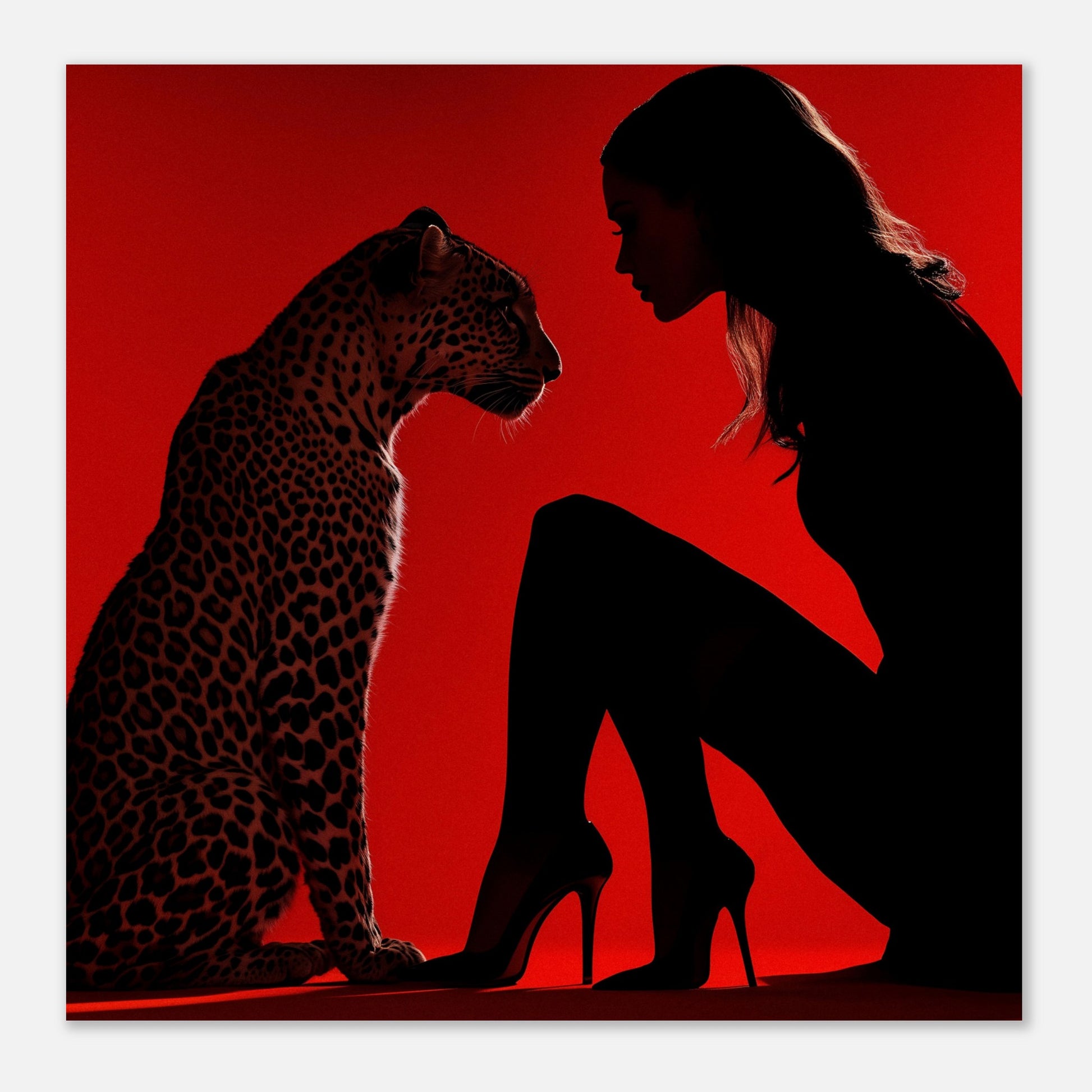 This illustration depicts a silhouette of a woman and a leopard against a vibrant red background. The woman is wearing high heels and is in a kneeling position, facing the leopard. The scene creates a dramatic and intense atmosphere through the use of contrasting colors and shadow play.