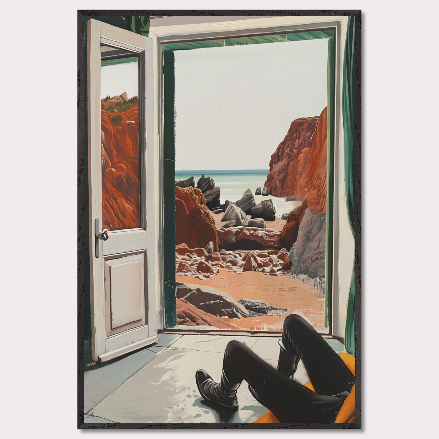 This image captures a serene view of a rocky beach through an open door. The scene is framed by the interior of a room where a person is seated, legs stretched out, possibly relaxing and enjoying the view.