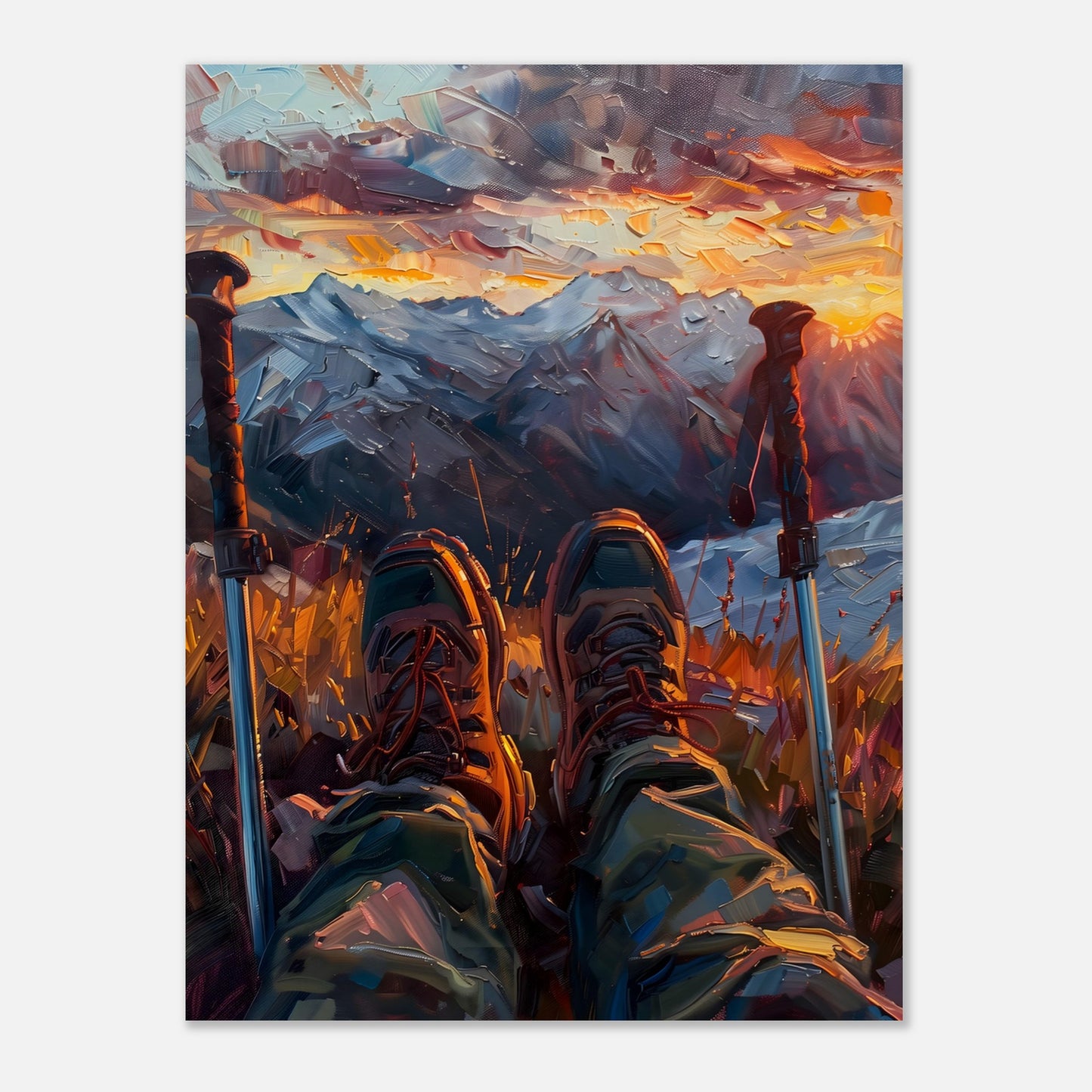 This illustration depicts a serene mountain landscape at sunset, viewed from the perspective of a hiker resting with their legs stretched out.