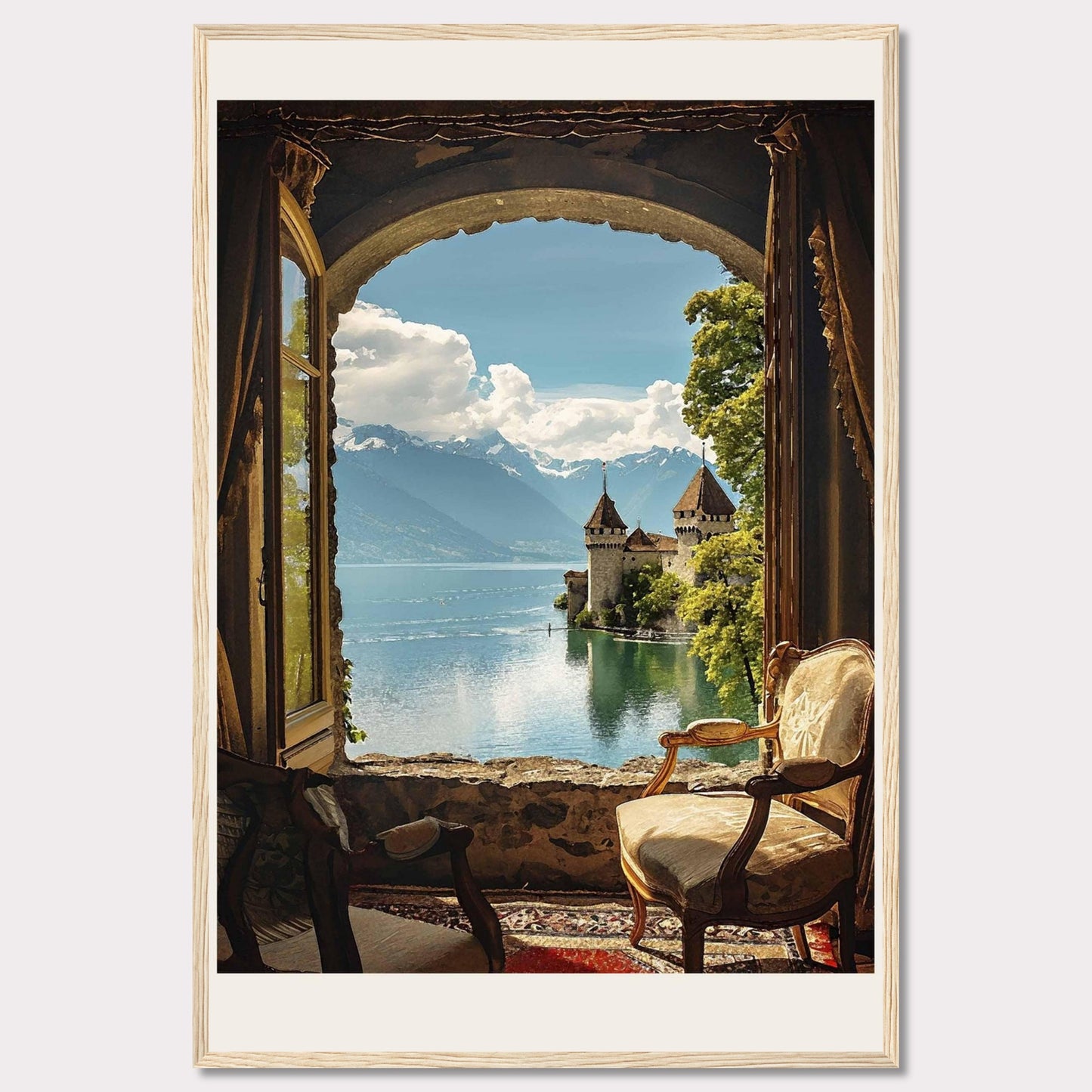 This stunning framed artwork captures a breathtaking view through an arched window, revealing a serene lake with a majestic castle and snow-capped mountains in the background. The cozy interior with antique chairs adds a touch of warmth and elegance.