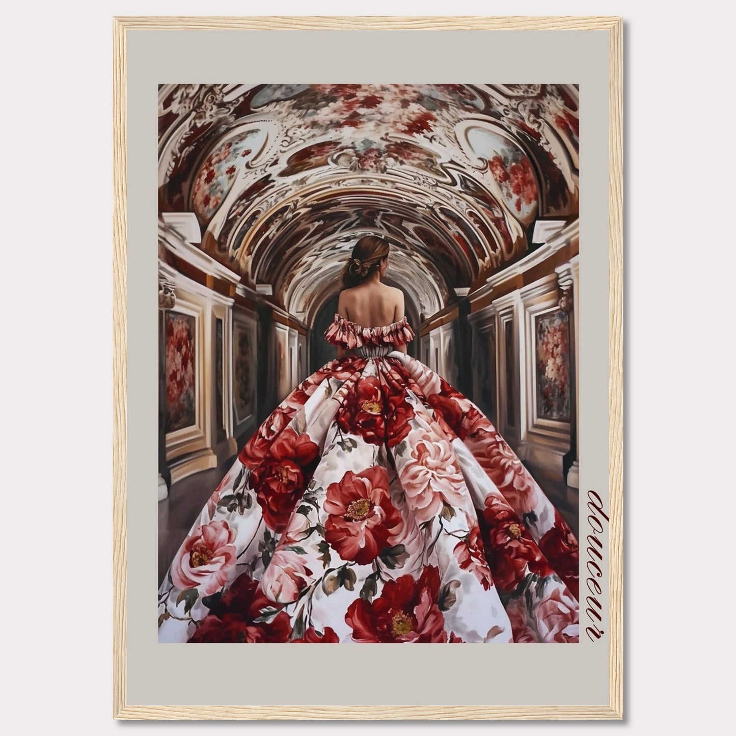 This stunning artwork features a woman in an opulent floral gown walking through an intricately decorated corridor. The scene exudes elegance and grandeur, capturing a moment of timeless beauty.