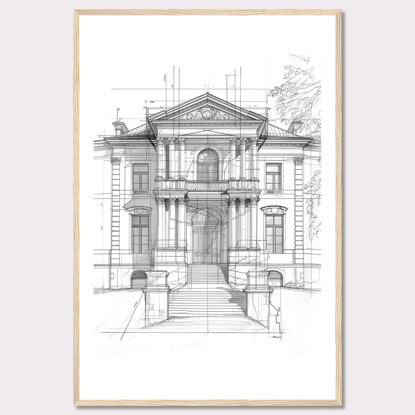 This image showcases an architectural sketch of a grand, classical building. The detailed drawing highlights the intricate design and majestic structure of the edifice.