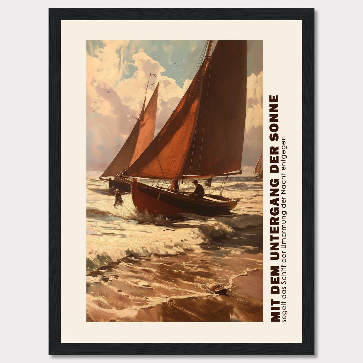 This captivating artwork depicts two sailboats navigating through the waves at sunset, with the sky painted in warm hues of orange and pink. The scene evokes a sense of adventure and tranquility as the boats head towards the horizon. The text on the side reads "MIT DEM UNTERGANG DER SONNE segelt das Schiff der Umarmung der Nacht entgegen," which translates to "With the setting of the sun, the ship sails towards the embrace of the night."