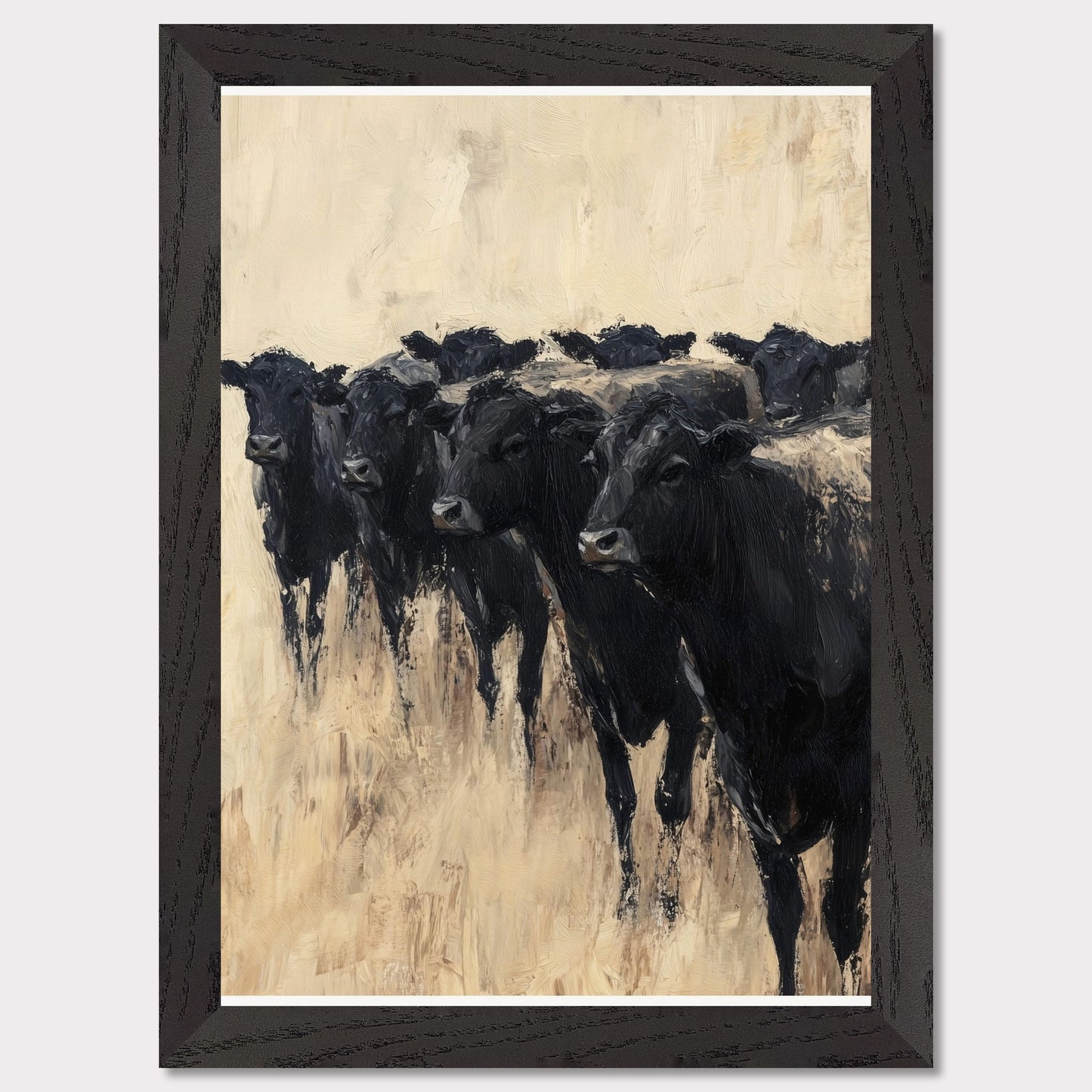 This captivating painting depicts a group of black cows standing together, evoking a sense of unity and strength. The textured brushstrokes and neutral background create a striking contrast, highlighting the animals' dark forms.