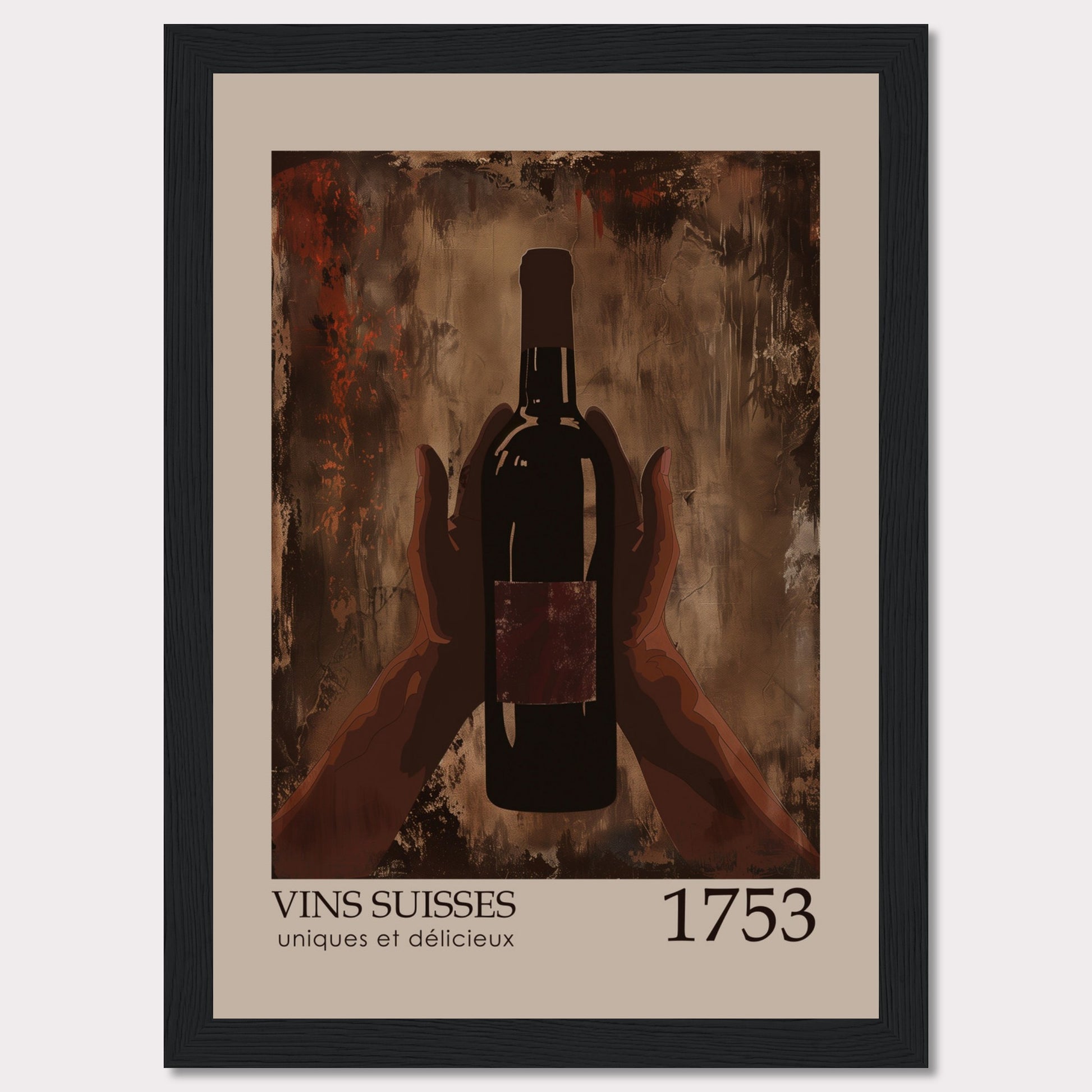 This image showcases a framed poster featuring a bottle of wine held by two hands against an abstract, textured background.