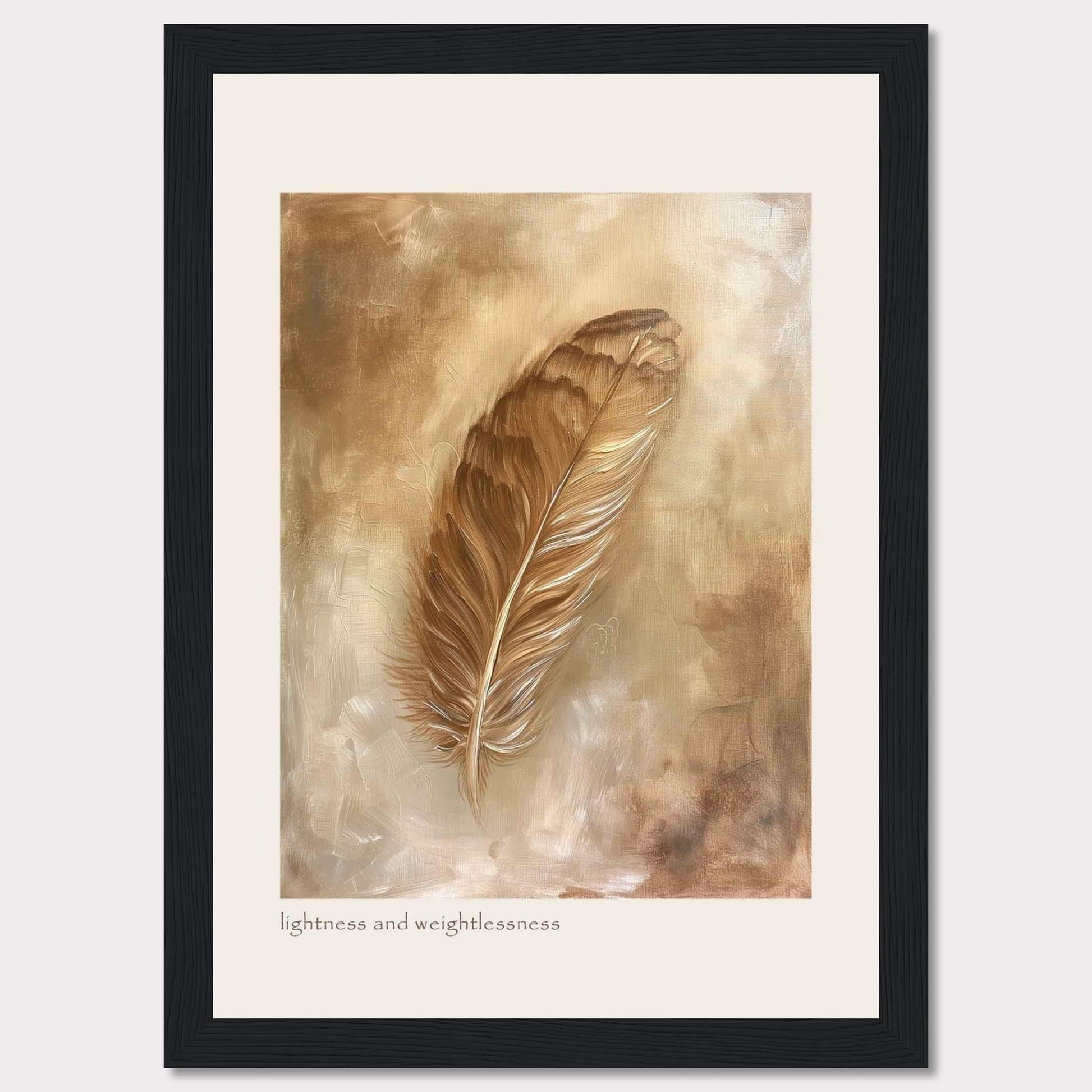 This image showcases a beautifully framed artwork featuring a single feather. The feather is depicted in warm, earthy tones, creating a sense of tranquility and elegance. The background consists of soft, abstract brushstrokes that enhance the delicate nature of the feather. At the bottom of the artwork, the phrase "lightness and weightlessness" is inscribed, adding to the ethereal feel of the piece.