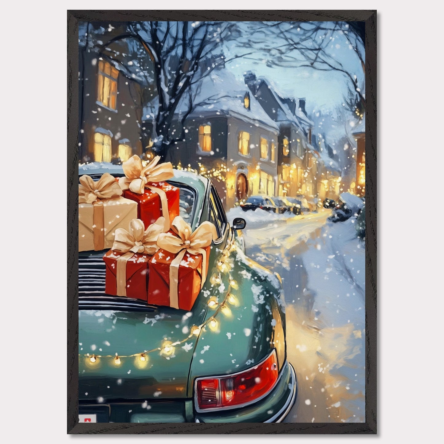 A cozy Christmas scene in Switzerland is captured in this enchanting poster. The focus is a beautiful Christmas tree adorned with lights, set in the heart of a charming town covered in snow. A Porsche, with festive gifts on the roof, adds a touch of luxury to this idyllic winter setting. The vintage typography "Christmas in Switzerland" evokes a sense of nostalgia and warmth, making it the perfect holiday decoration.