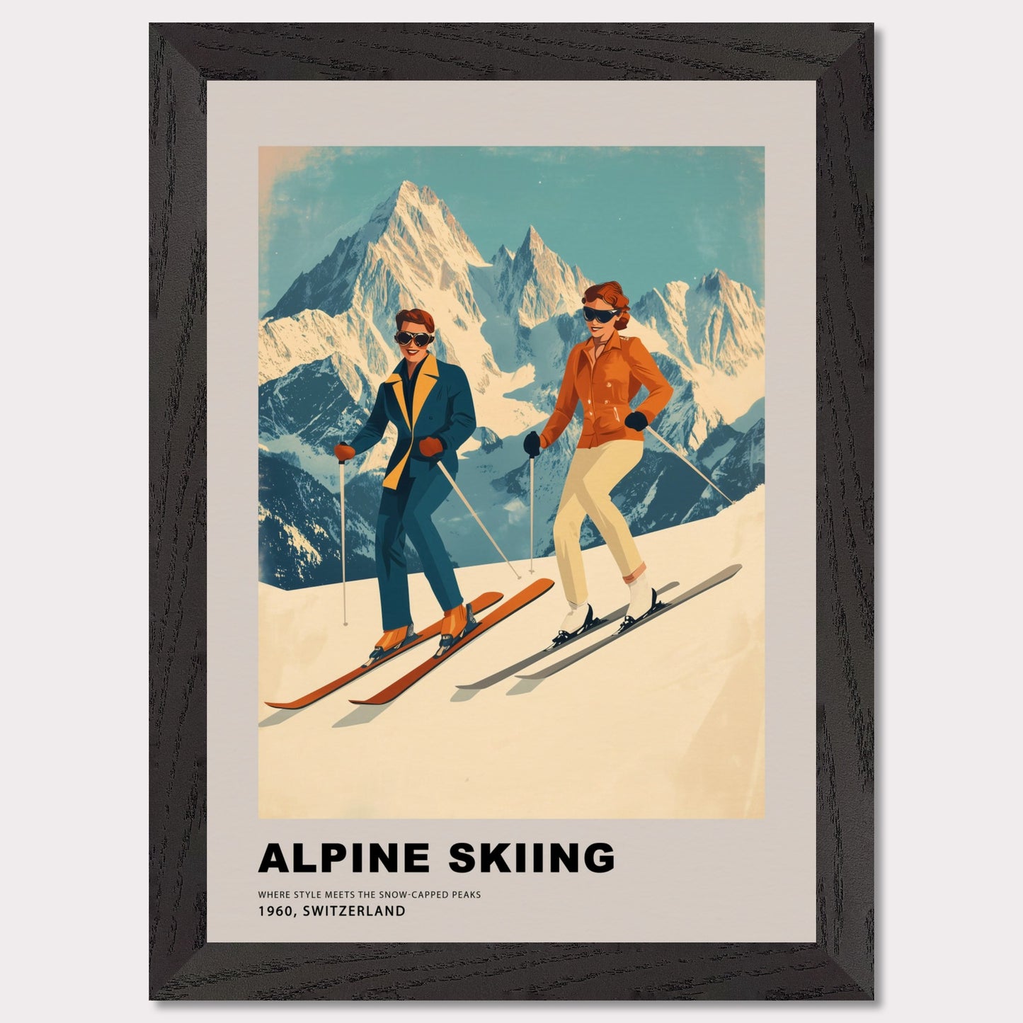 This stunning retro-style poster celebrates the elegance of alpine skiing in Switzerland. Two stylish skiers gracefully glide down the snowy slopes, set against the backdrop of majestic, sunlit peaks. The vintage color palette and mid-century design highlight the timeless charm and sophistication of the alpine experience, making it a celebration of both sport and scenery.