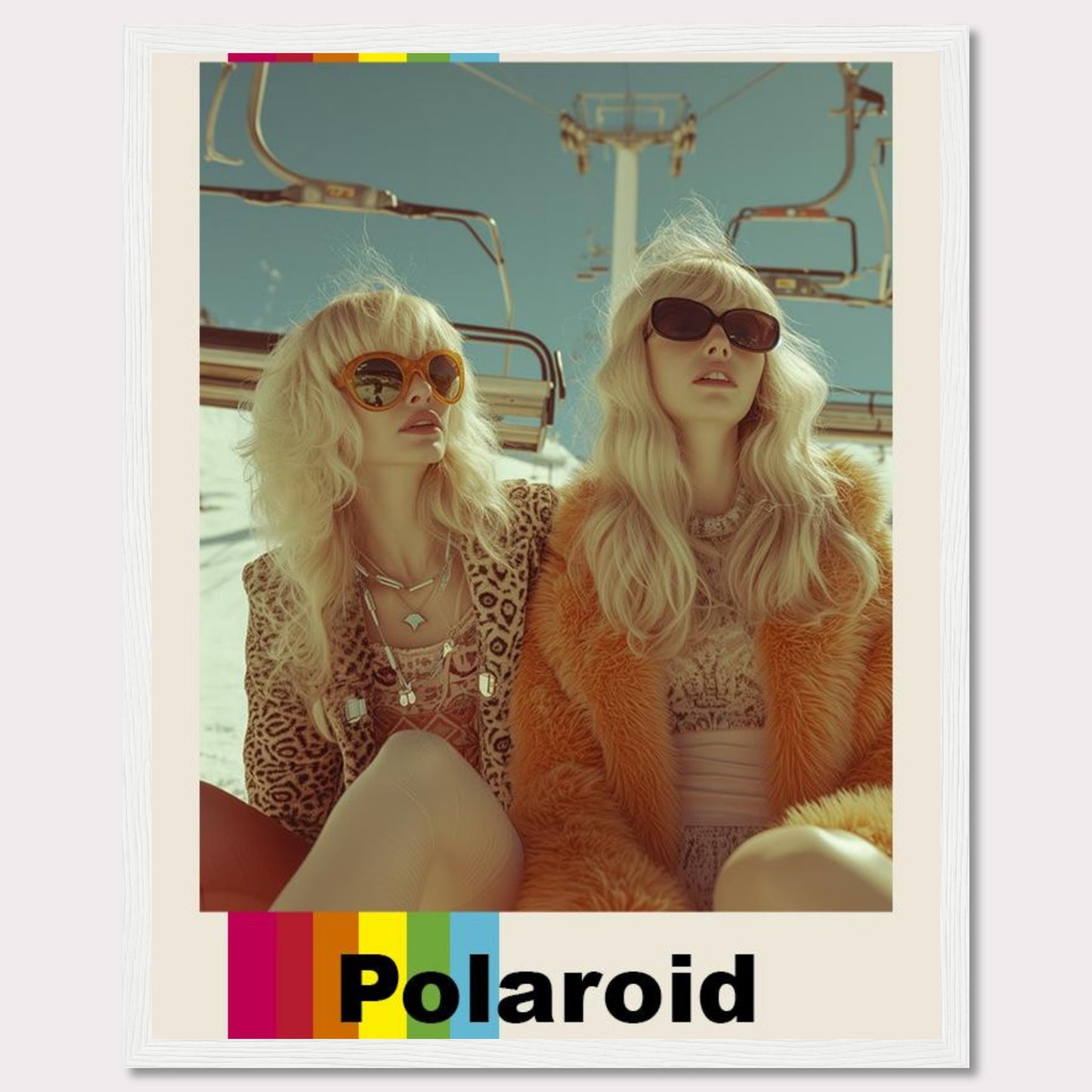 This vibrant Polaroid poster captures two stylish women wearing retro outfits and sunglasses, enjoying a sunny day on a ski lift.