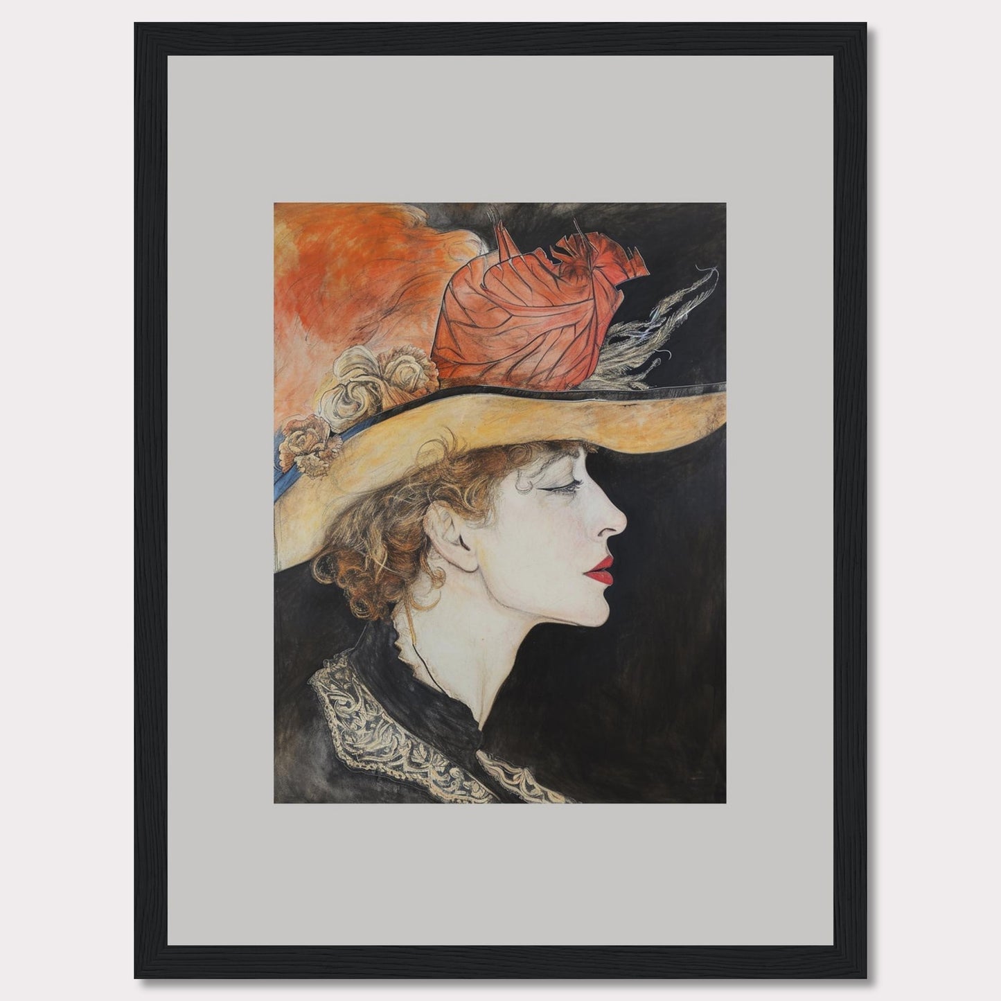 This captivating artwork features a side profile of a woman wearing an elegant hat adorned with feathers and flowers. The detailed illustration showcases her serene expression, accentuated by bold red lips and delicate curls framing her face. The background contrasts beautifully with the vibrant colors of the hat, adding depth to the portrait.