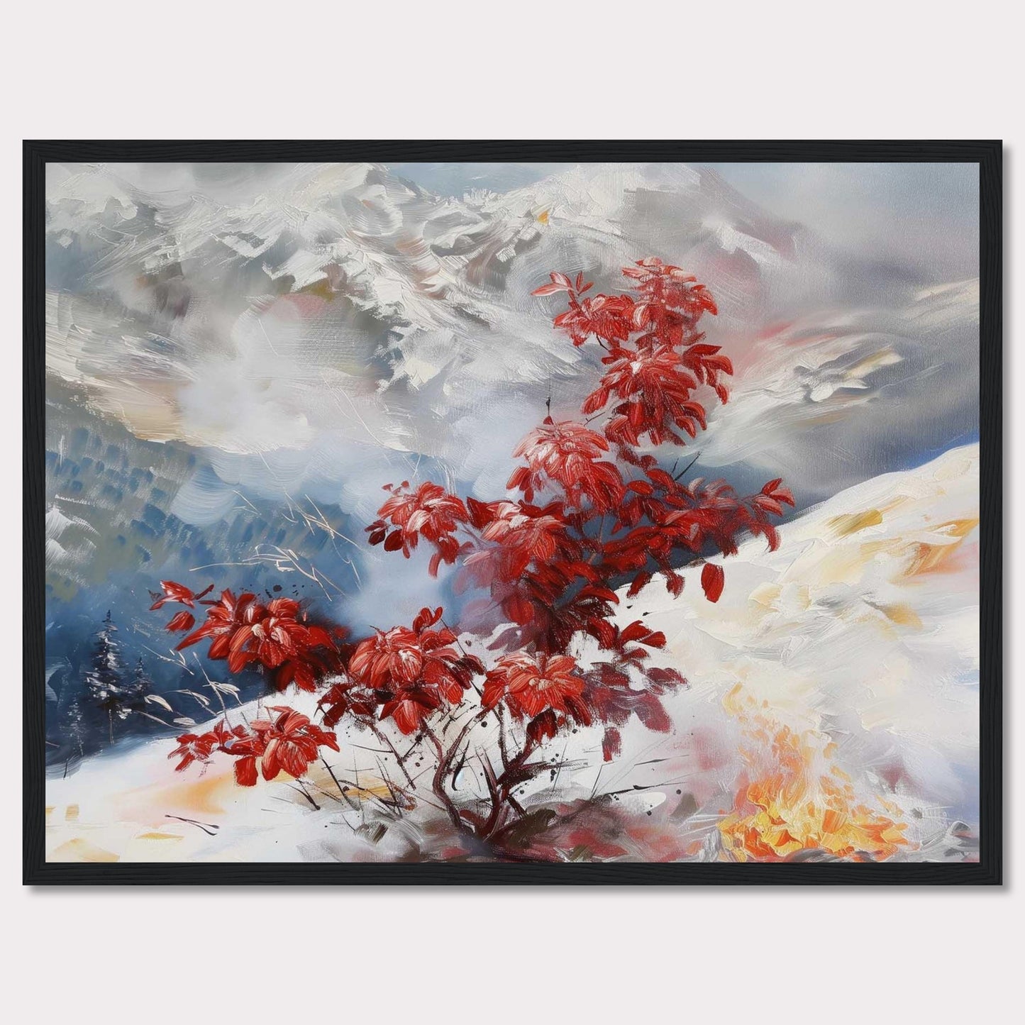 This captivating painting features a vibrant red bush standing out against a serene, snowy landscape. The background showcases majestic mountains partially obscured by mist, adding depth and mystery to the scene. The contrast between the fiery red leaves and the cool, muted tones of the snow and sky creates a striking visual effect.