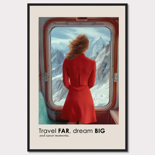 A woman in a red dress gazes out of a train window at majestic snow-covered mountains.