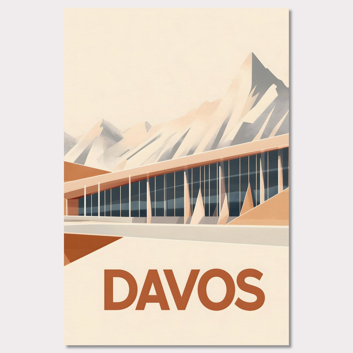 An artistic depiction of Davos, where a contemporary structure stretches along the base of snow-covered peaks. The smooth design of the building complements the sharp mountain ridges, creating a stunning contrast.