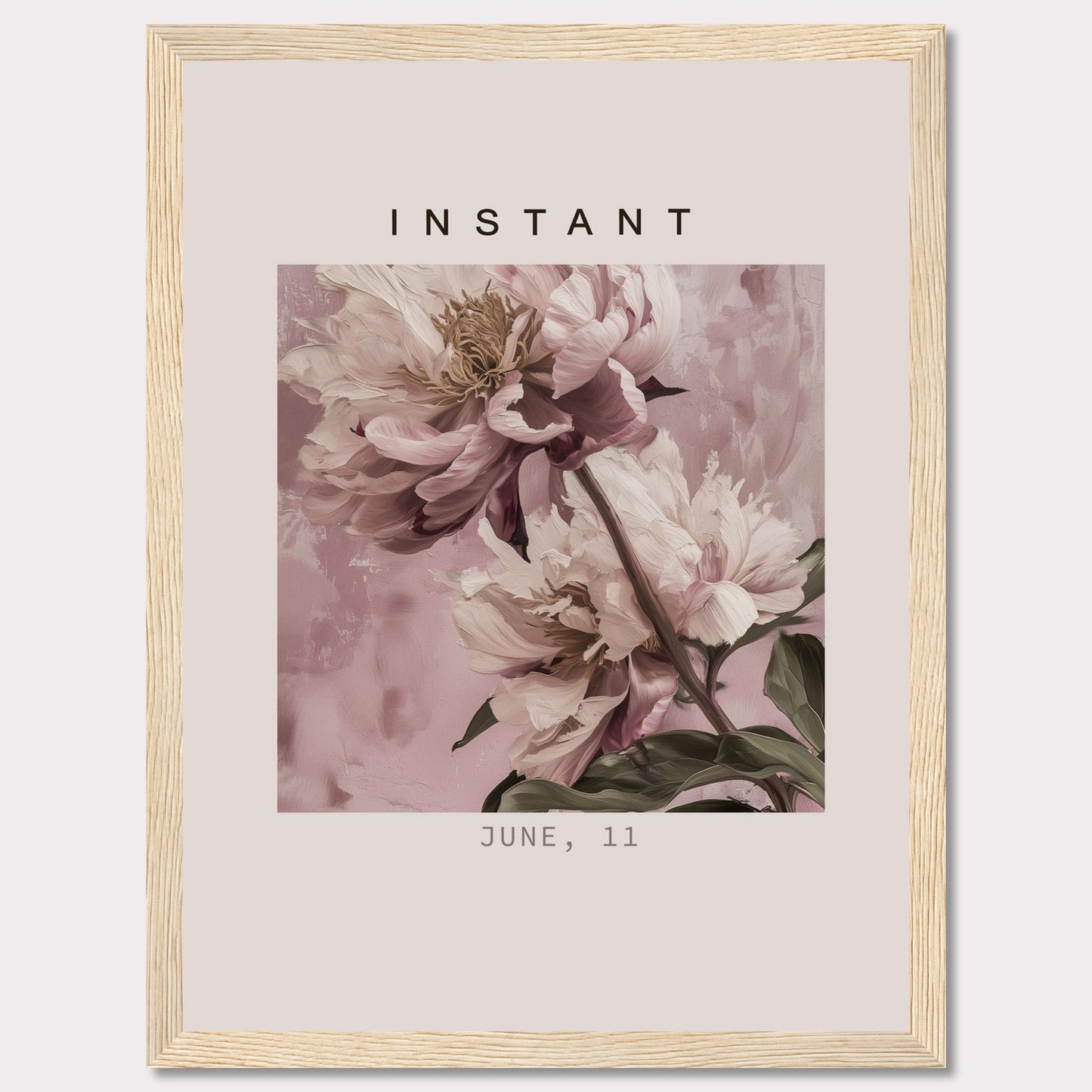 This image showcases a beautifully framed artwork featuring delicate, soft pink flowers against a subtle, textured background. The word "INSTANT" is prominently displayed at the top, with the date "JUNE, 11" at the bottom.