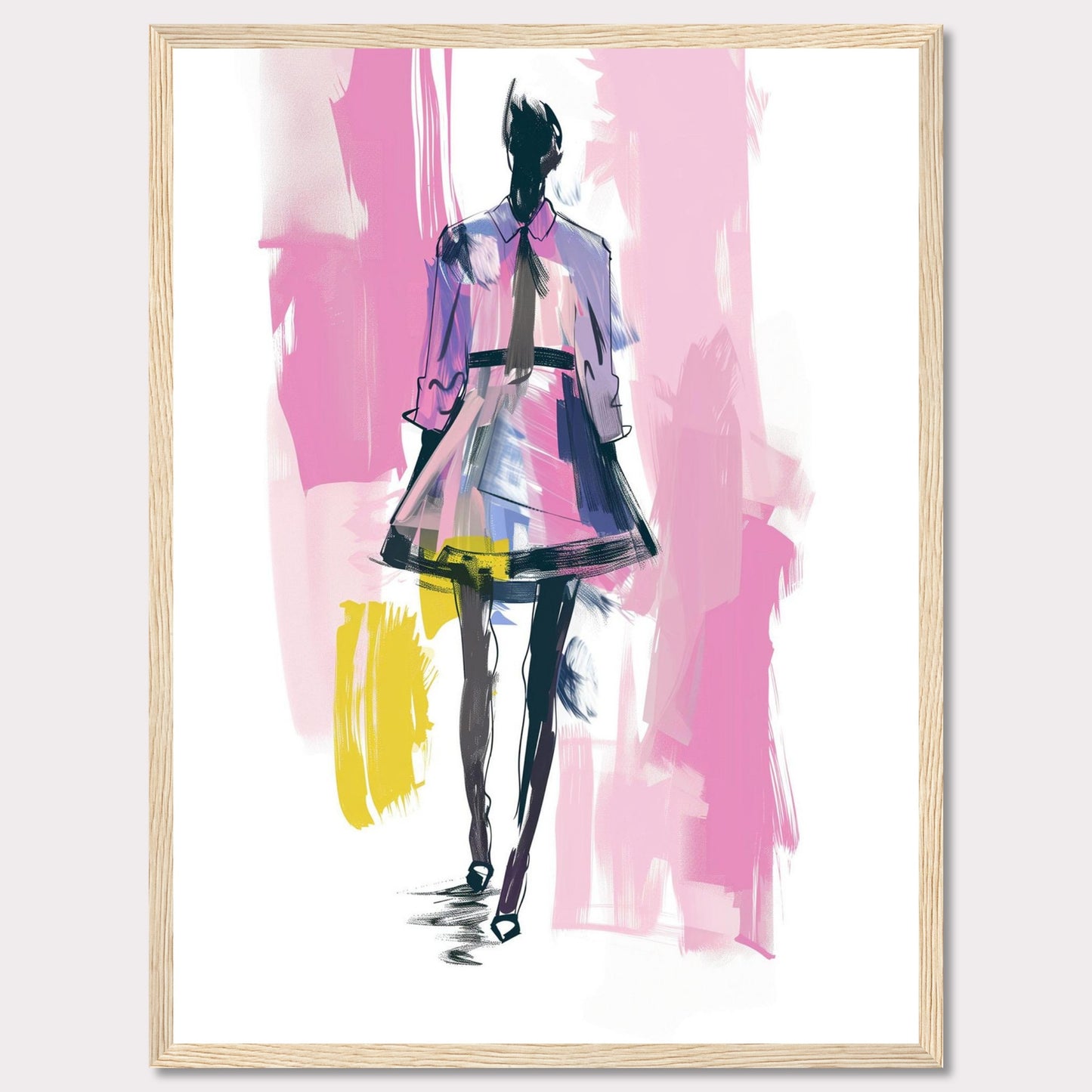 This image showcases a fashion illustration featuring a stylish figure in a vibrant dress. The artwork is characterized by bold brush strokes and a mix of colors, including pink, purple, yellow, and black. The figure exudes confidence, walking forward with purpose.