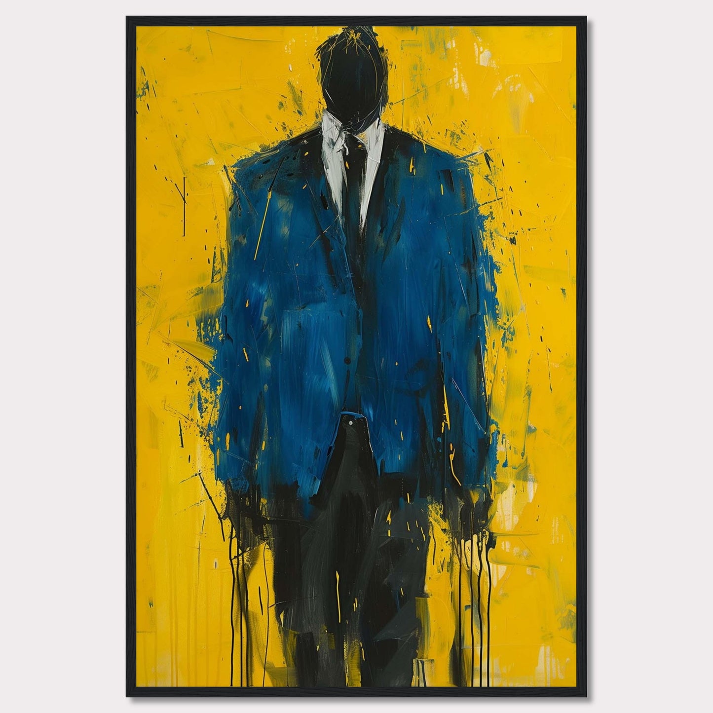 This striking painting features a faceless figure in a blue suit against a vibrant yellow background. The abstract style and bold colors create a powerful visual impact.