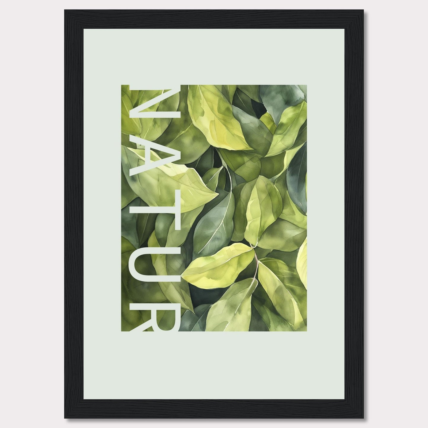 This beautiful framed artwork showcases a lush, green foliage design with the word "NATUR" elegantly integrated into the composition. The vibrant leaves create a refreshing and calming visual experience.