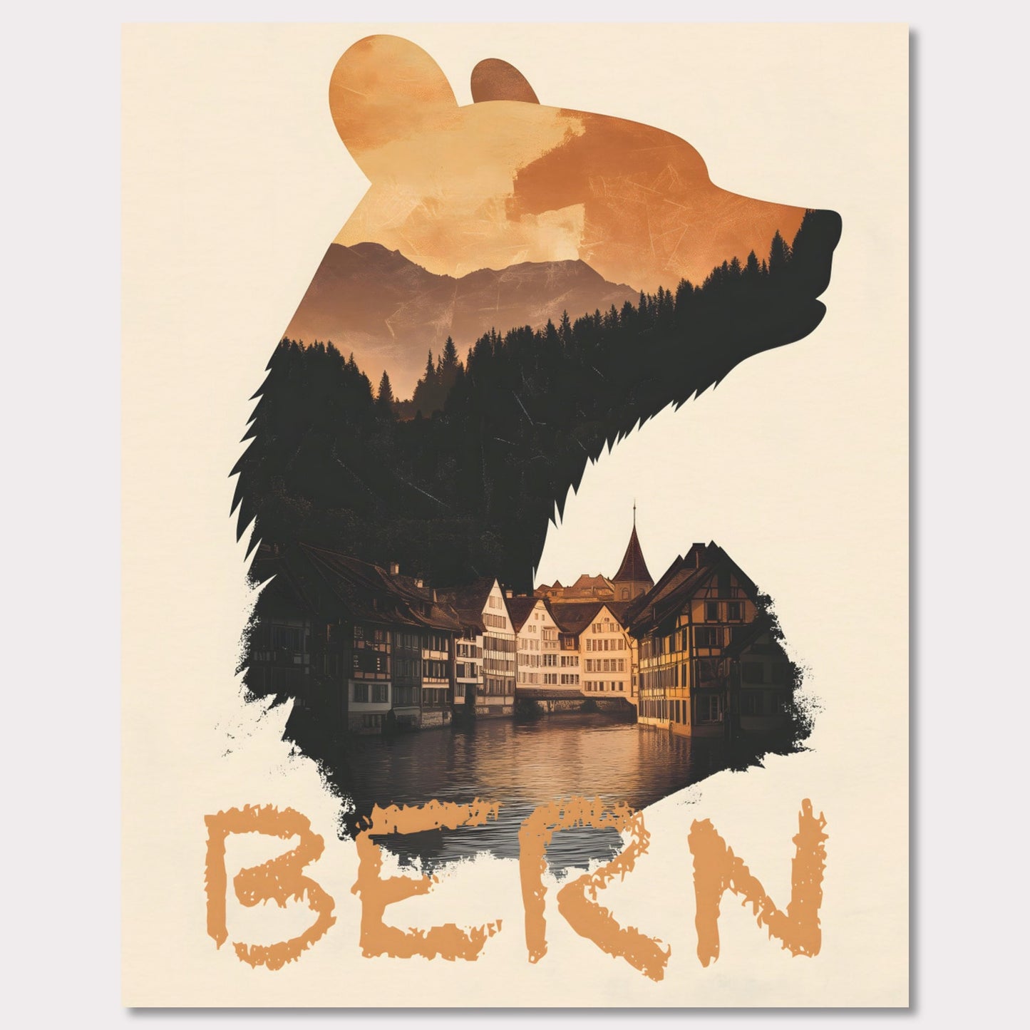 A captivating travel poster that merges Bern’s iconic bear symbol with the city’s historic charm. The silhouette of the bear contains a stunning landscape of alpine forests and traditional Swiss architecture, reflecting the city's rich heritage.