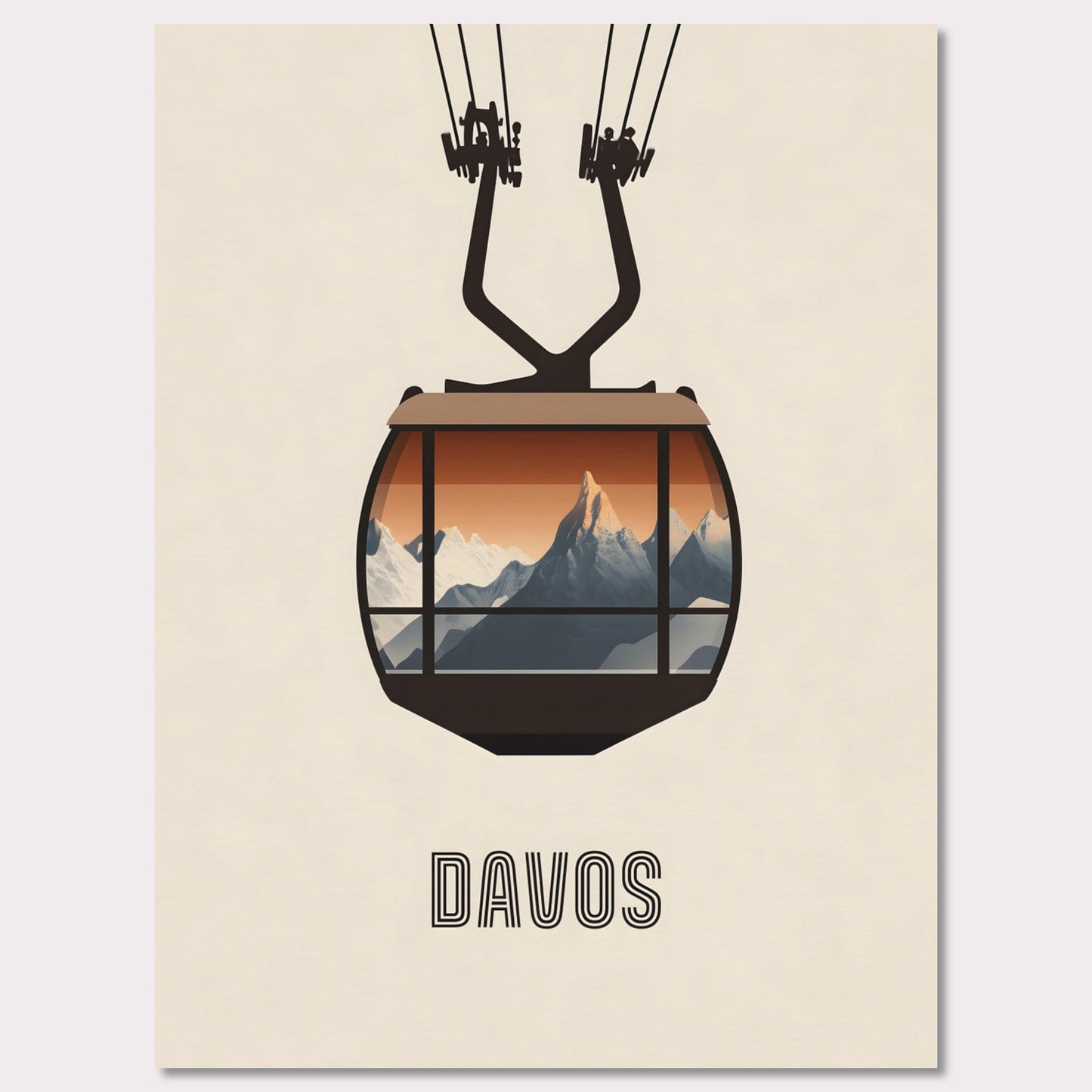 A striking minimalist poster featuring a cable car with a breathtaking view of the Swiss Alps. The warm tones contrast with the cool mountain peaks, evoking the excitement of alpine adventures.