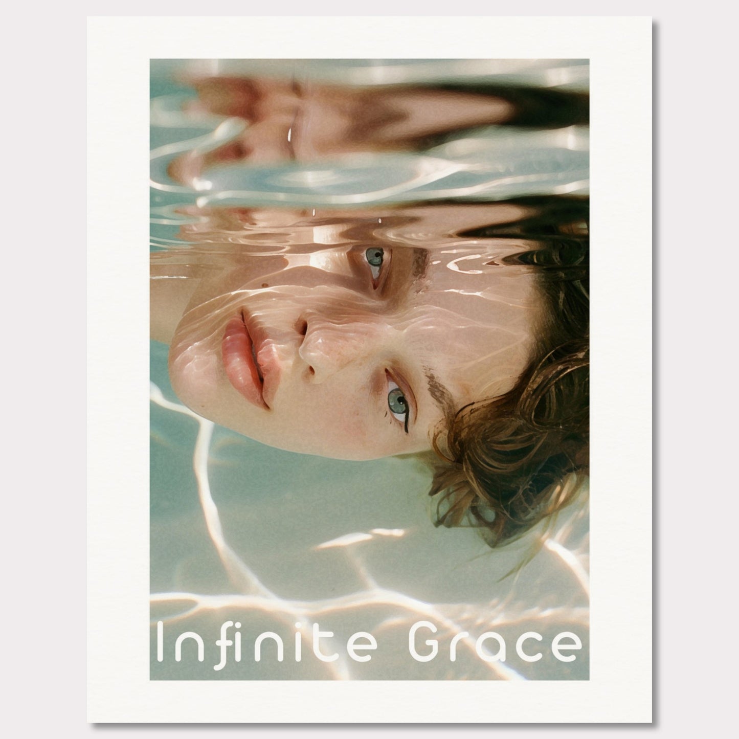 This is an illustration of a person's face partially submerged in water, creating a reflective and serene effect. The text "Infinite Grace" is displayed at the bottom of the image.

Where will this poster fit: This poster would fit well in a modern living room, a bedroom, or a creative studio space.