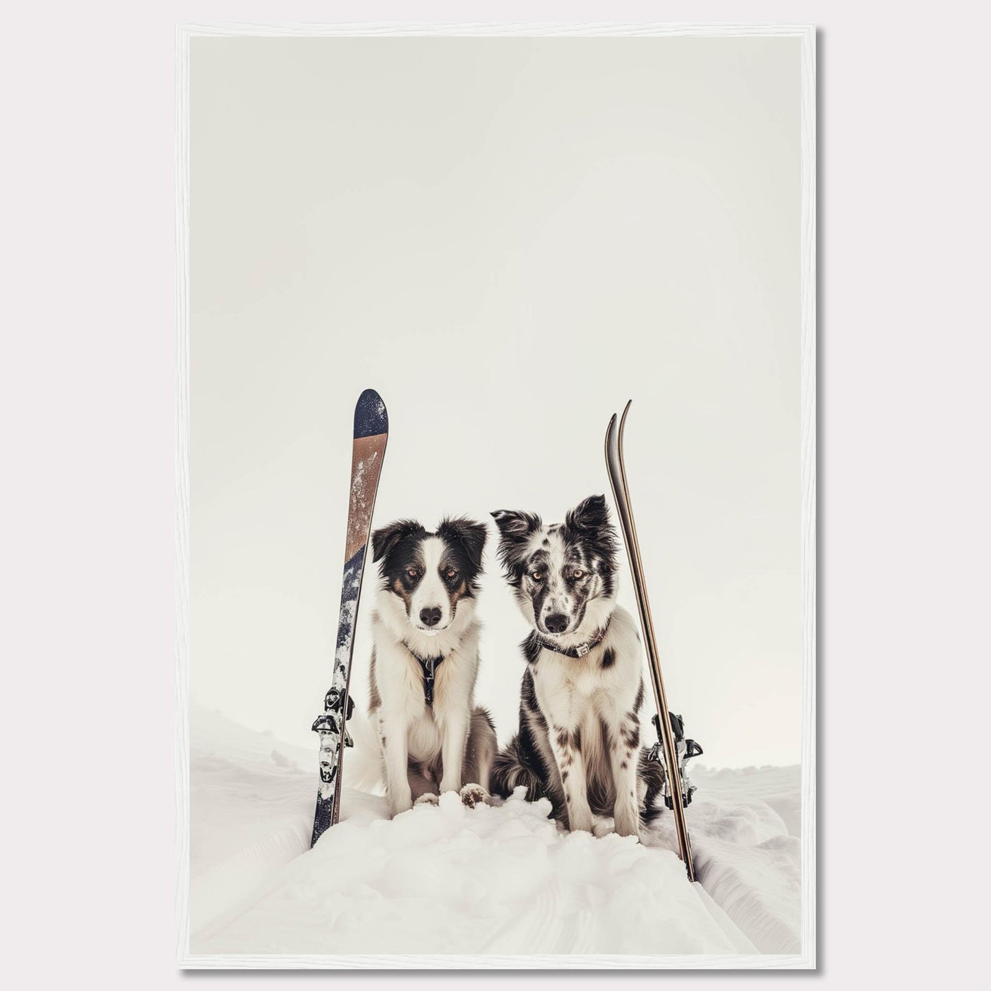 This charming photo captures two adorable dogs sitting in the snow with skis beside them, evoking a sense of adventure and playfulness. The scene is set against a serene snowy backdrop, highlighting the dogs and their playful expressions.