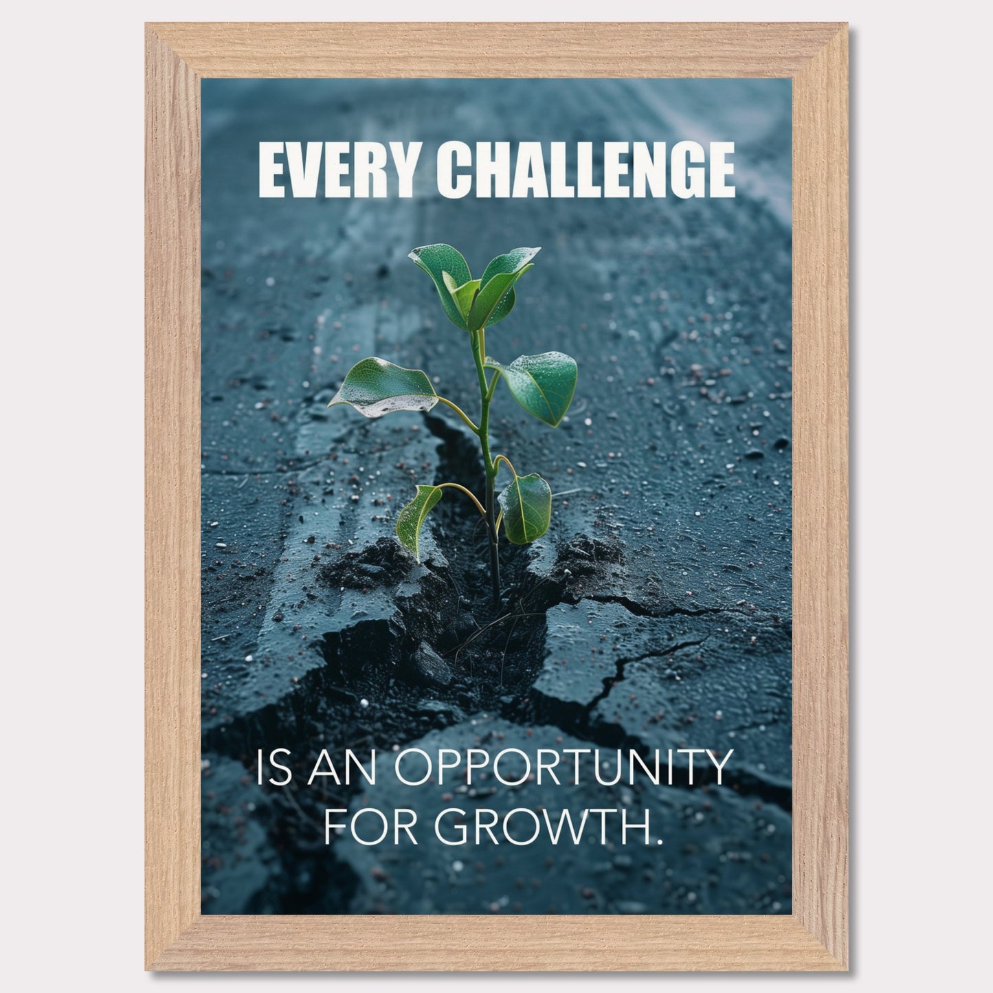 A motivational poster featuring a small green plant sprouting through a crack in the asphalt. The text on the poster reads "EVERY CHALLENGE IS AN OPPORTUNITY FOR GROWTH." The image symbolizes resilience and perseverance.