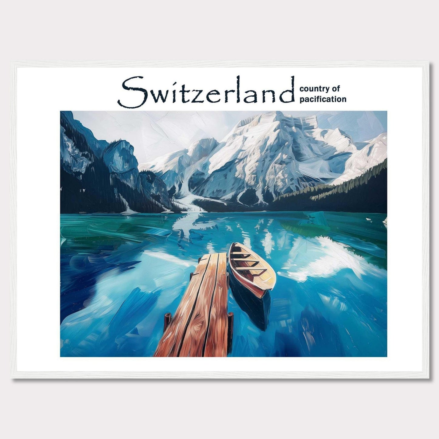 This image showcases a serene lake in Switzerland, surrounded by majestic snow-capped mountains. A wooden dock extends into the calm, reflective waters, where a lone boat is moored. The scene is tranquil and inviting, epitomizing the peacefulness of the Swiss landscape.