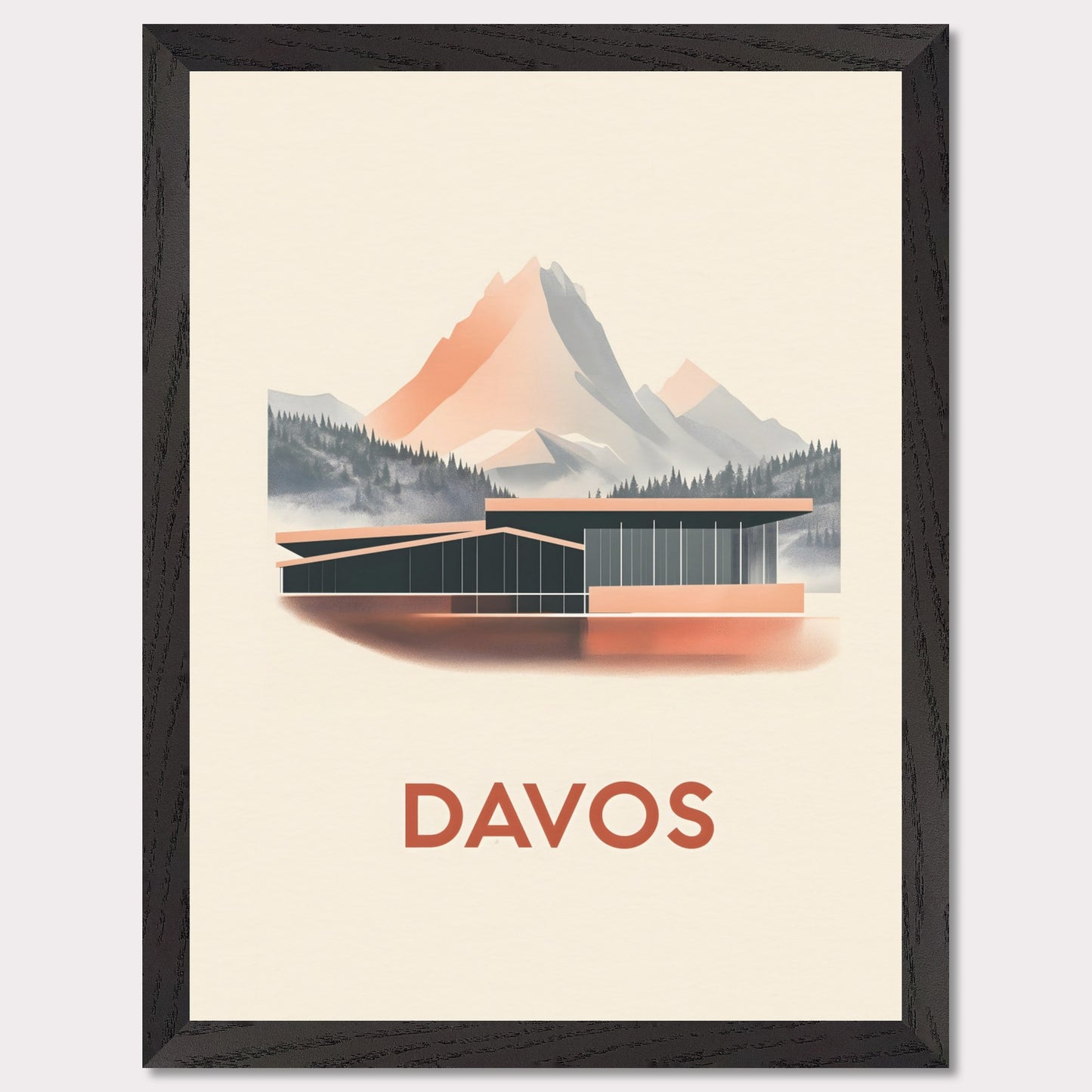 A refined travel poster showcasing Davos' modern architecture against breathtaking alpine peaks. The sleek lines of the building contrast harmoniously with the rugged mountains, embodying the balance between innovation and nature.