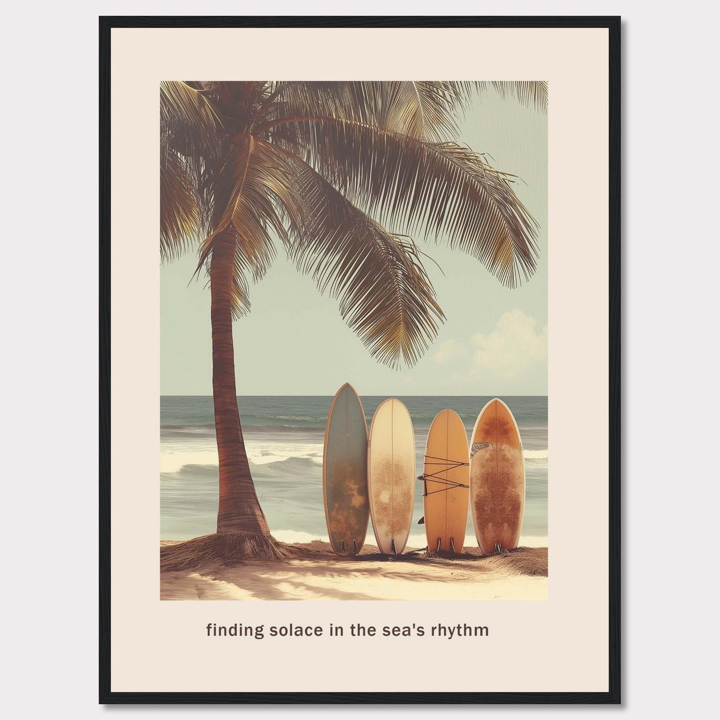 This image captures a serene beach scene with surfboards resting against a palm tree, inviting you to find peace in the ocean's rhythm.